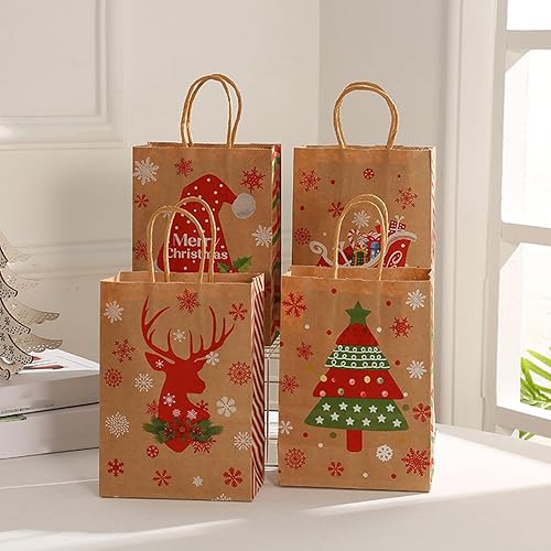 Tainrunse 12 bolsas de papel kraft con asa, trineo de alce, sombrero de árbol, patrón reutilizable, golosina, regalo, bolsas de embalaje A 10.6 in
