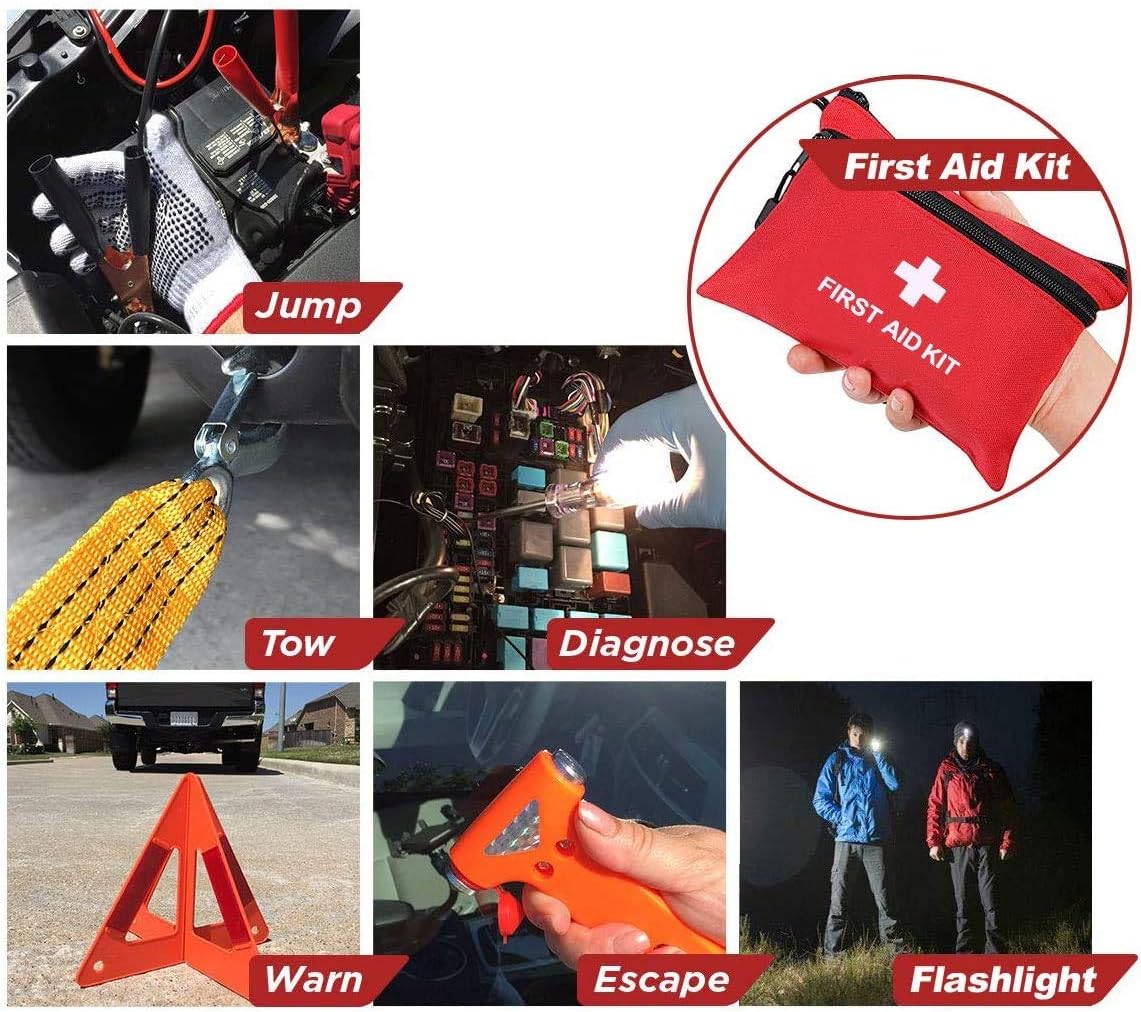 Sailnovo Car Emergency Kit, 76 in 1 Multifunctional Roadside Assistance Car Breakdown Kit with Jumper Cables, Tow Rope, Triangle, Flashlight, Safety Hammer, etc : Automotive