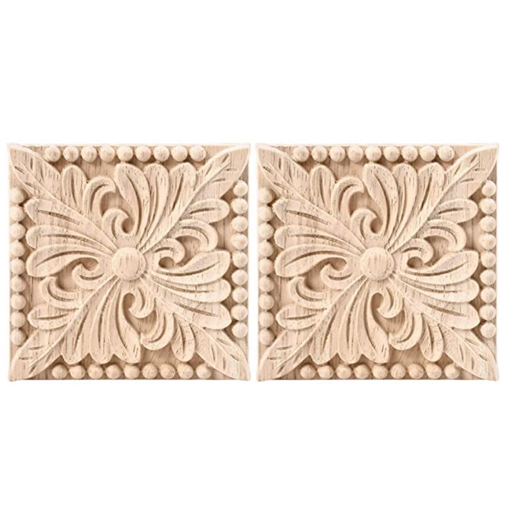 Qezodsx Wood Color 4 Pack Wood Carved Applique Onlay Square Carving Decal Unpainted Flower Door Cabinet Furniture Decoration 3.94X3.94inch