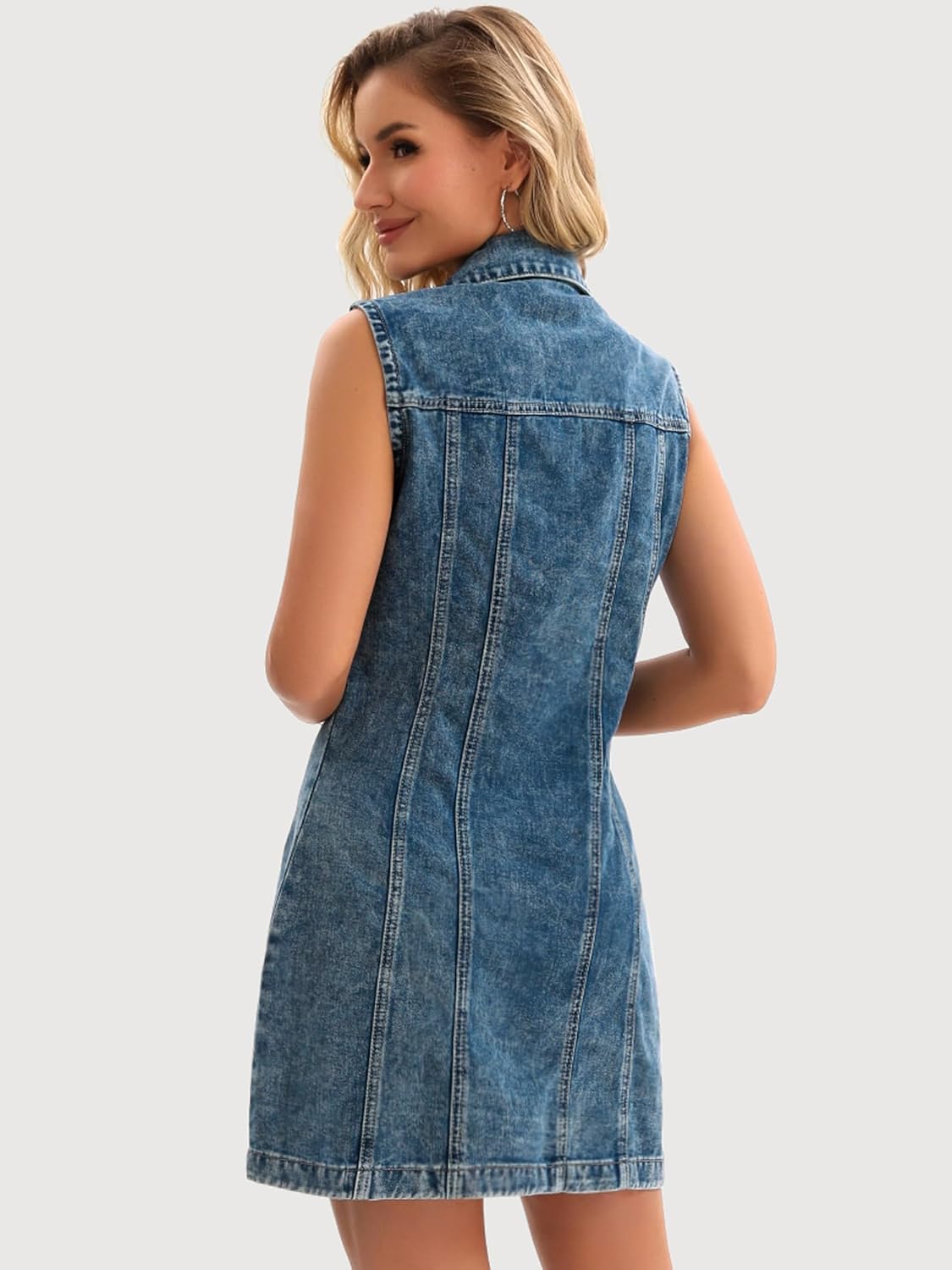 Women Denim Dress Sleeveless Collared Western Button Down Short Jean Dresses - Image 4