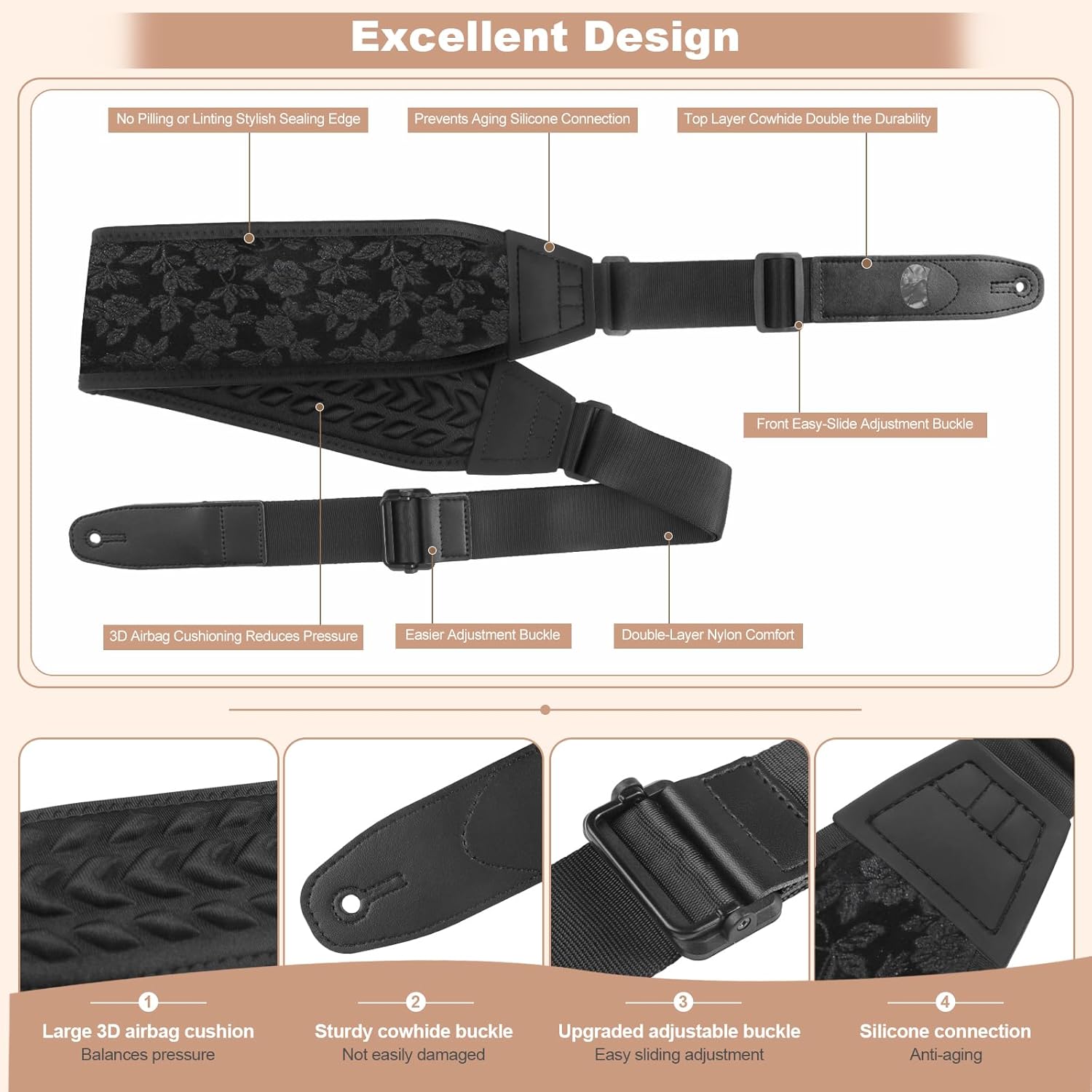 Guitar Bass Strap, Embroidered Electric Guitar Strap, Double Adjustable Buckle, Length Adjustable from 49" to 63", Equipped with 3" 3D Foam Padding, Suitable for Taller Guitarists, Black.