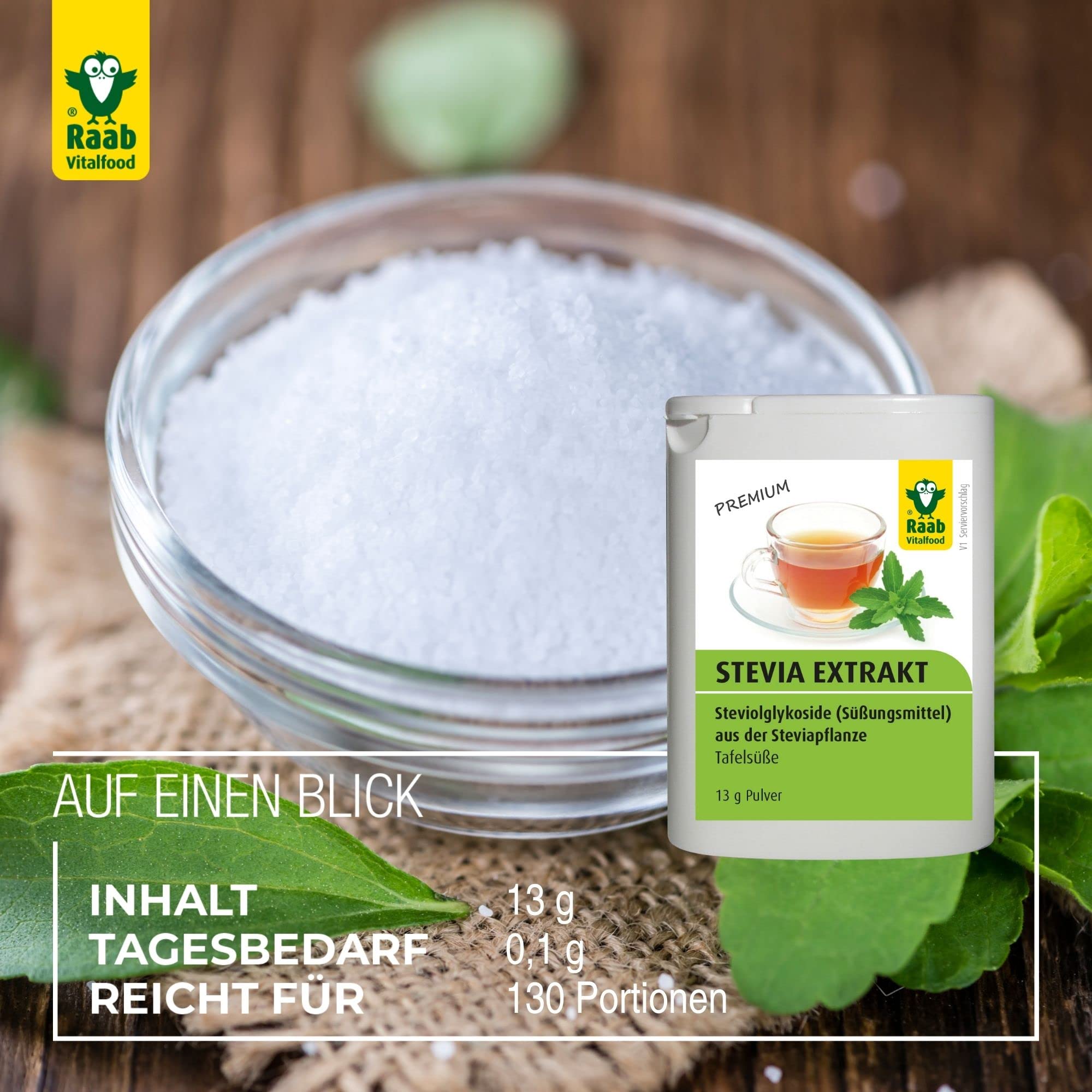Raab, Dolcificante a base di estratto di stevia in polvere bio, 50g