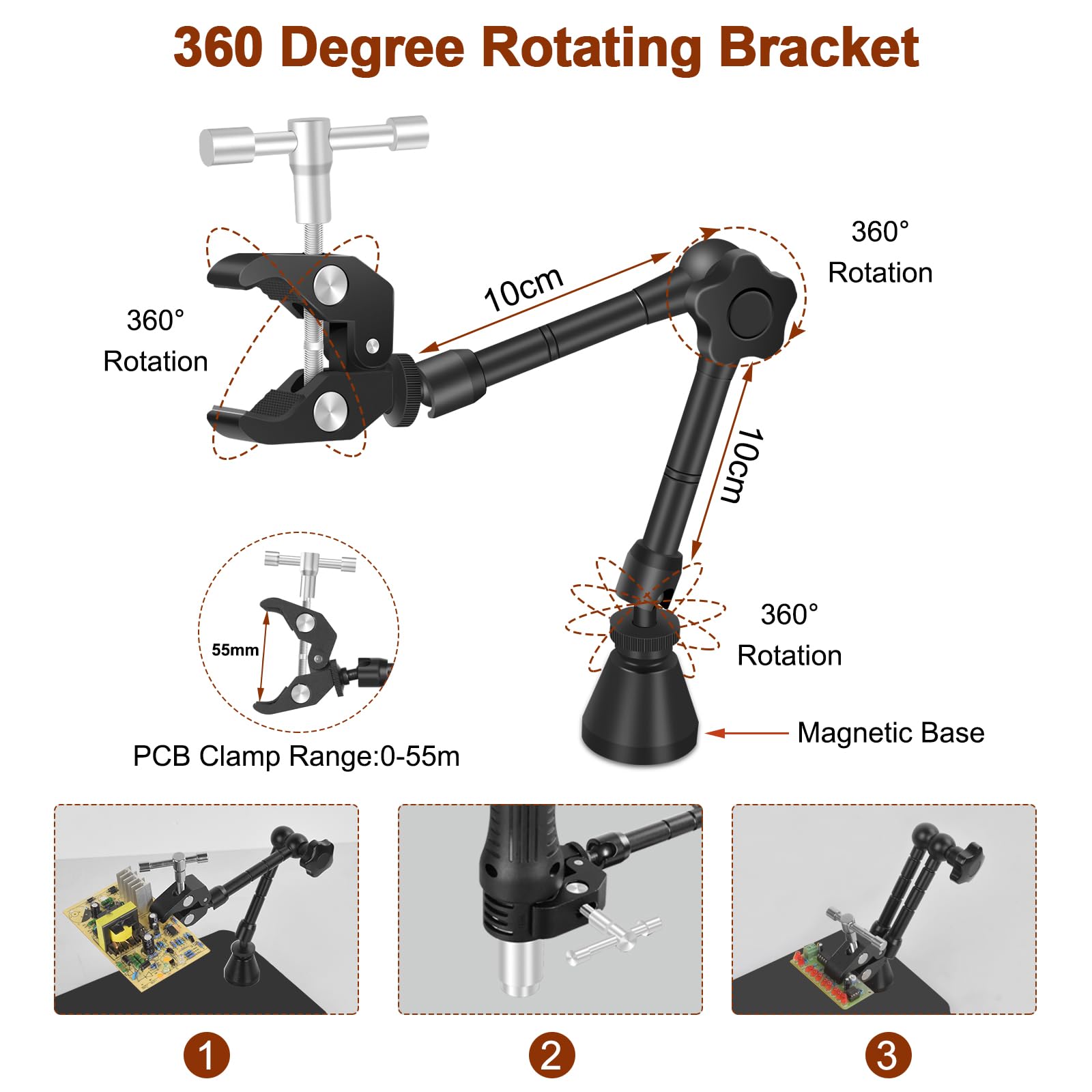 Soldadura magnética de tercera mano con tornillo de banco de trabajo de metal resistente, soporte para placa de circuito PCB con lámpara de aumento 5X, soporte para pistola de aire caliente de 360°