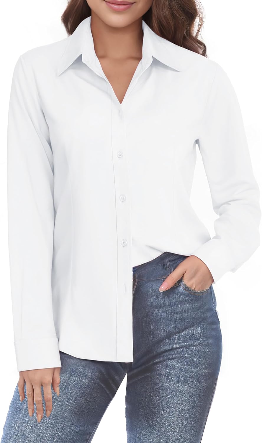 Womens Long Sleeve Button Down Dress Shirts, Solid Formal Work Dress Tops, Classic-Fit Dress Business Office Shirts - Image 7