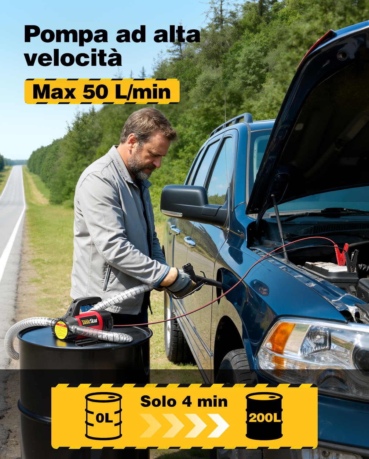 TaskStar Pompa Travaso Gasolio 12V: Portata 50 L/min, Pompa Elettrica Portatile con Pistola, Filtro e Tubi per Diesel, Biodiesel, Cherosene e Olio Combustibile – Per Casa, Fattoria e Cantiere