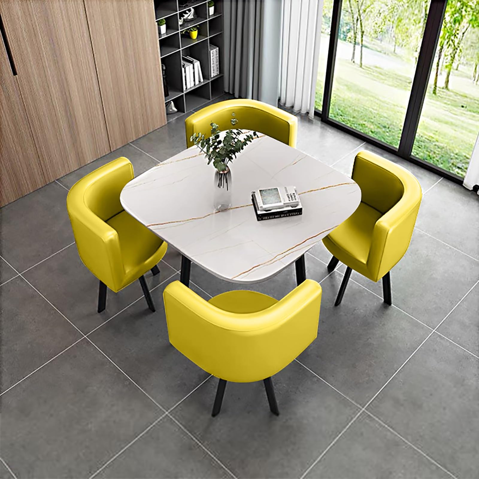 Round Dining Table Set for 4 with Marble Top and Chairs Office Reception Desk and Chair Set Suitable for Lounge Living Room Modern Furniture Dining Set,Yellow-Square-Leather