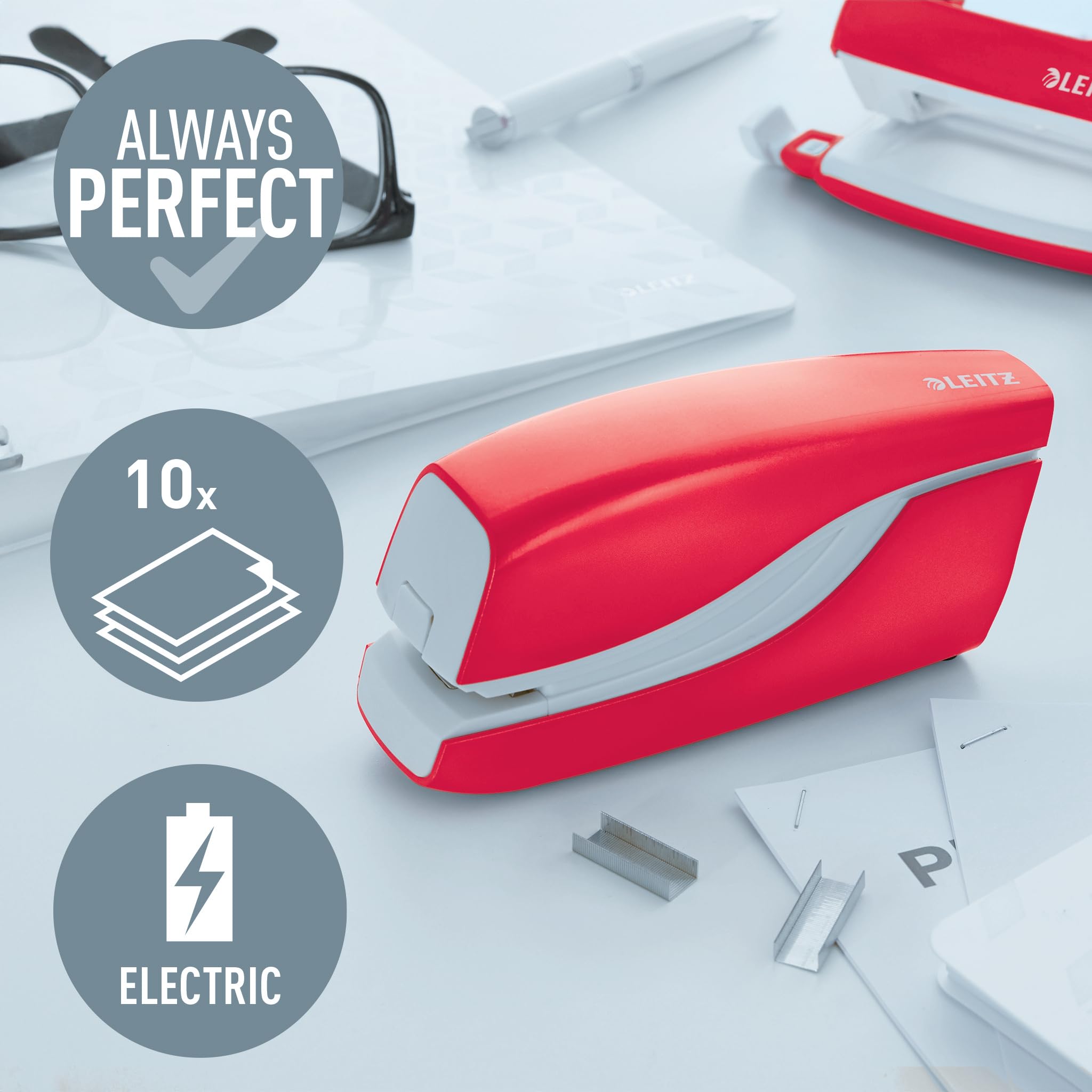Leitz WOW Cucitrice Elettrica con Levapunti Integrato, Capacità di 10 Fogli, Alimentazione a Batteria, Include 1000 Punti Metallici E1, Rosso Metallizzato, 55661026