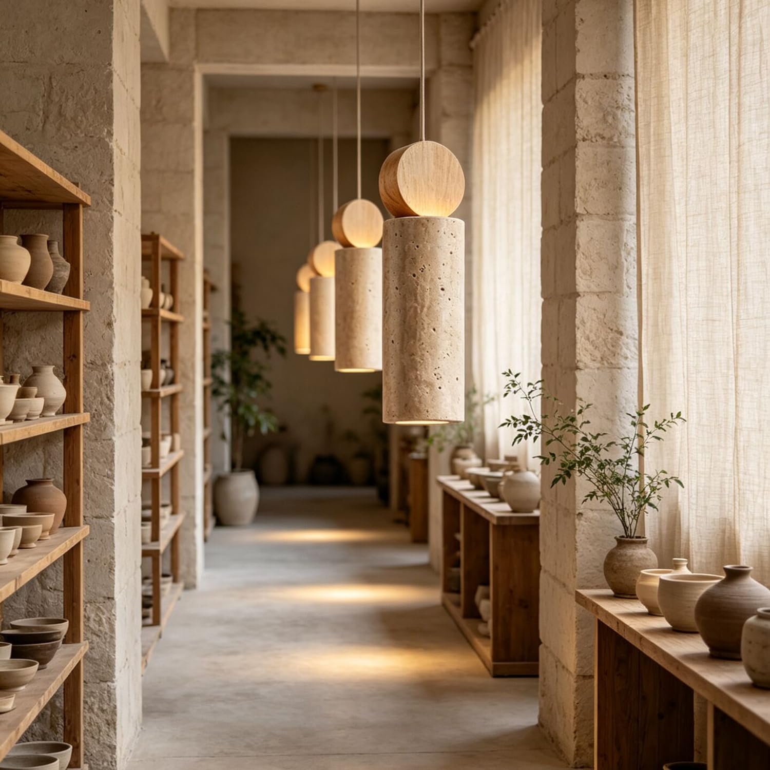 Lampada a sospensione in travertino naturale con base cilindrica