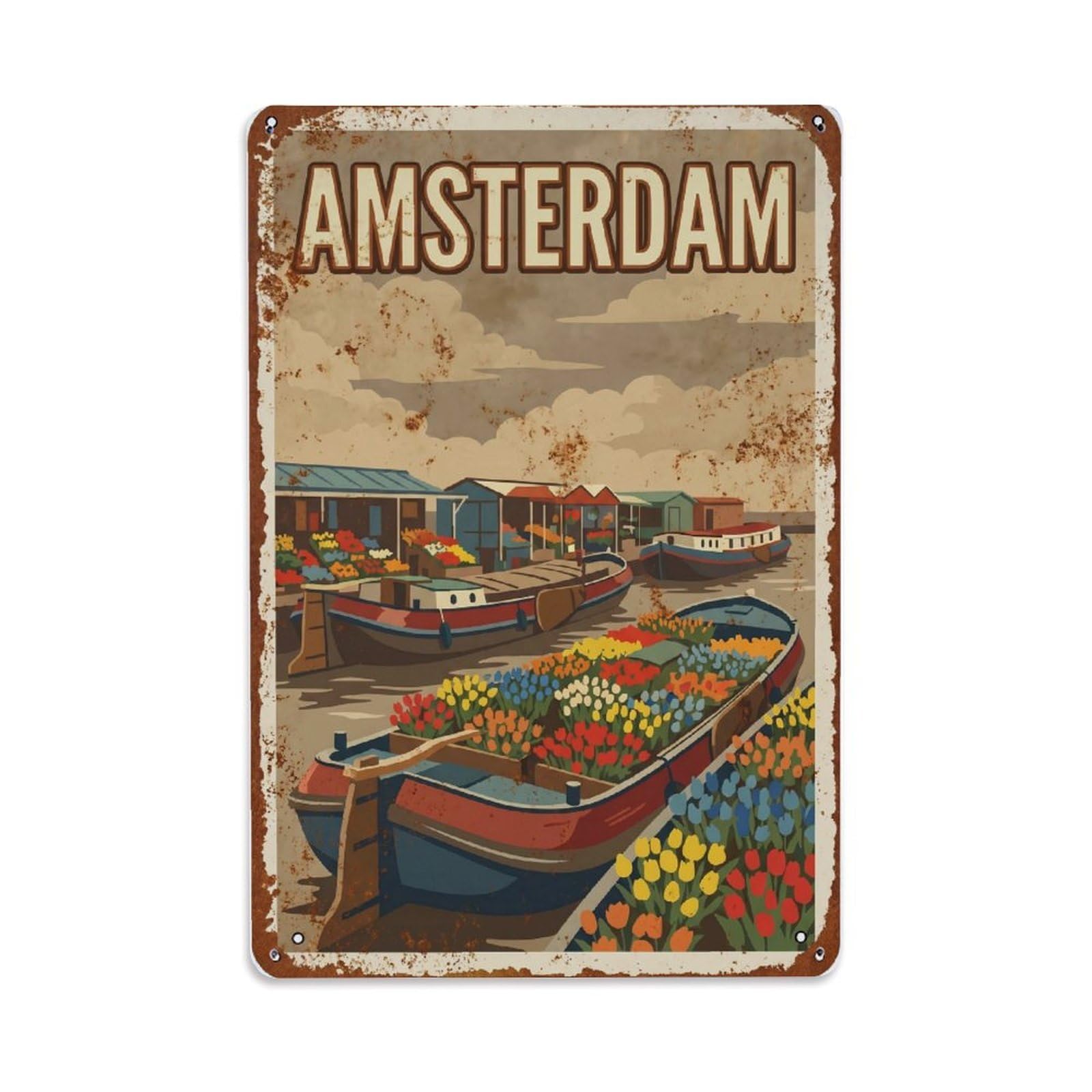 Vintage Travel Market Netherlands Flower Metal Tin Sign Plaque Wall Decor for Cafe, Club Bar, Office, Home Garden Metal Poster 8x12Inch