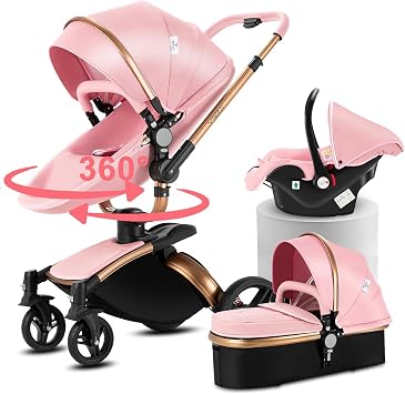 Magic ZC PU Leather 3 in 1 Pushchair Pram Travel System, Baby Stroller 3 in 1 with 360  Rotatable Seat, Newborn Infant Buggy with Aluminum Frame, Toddler Carriage with One-Click Folding 906 Pink-1