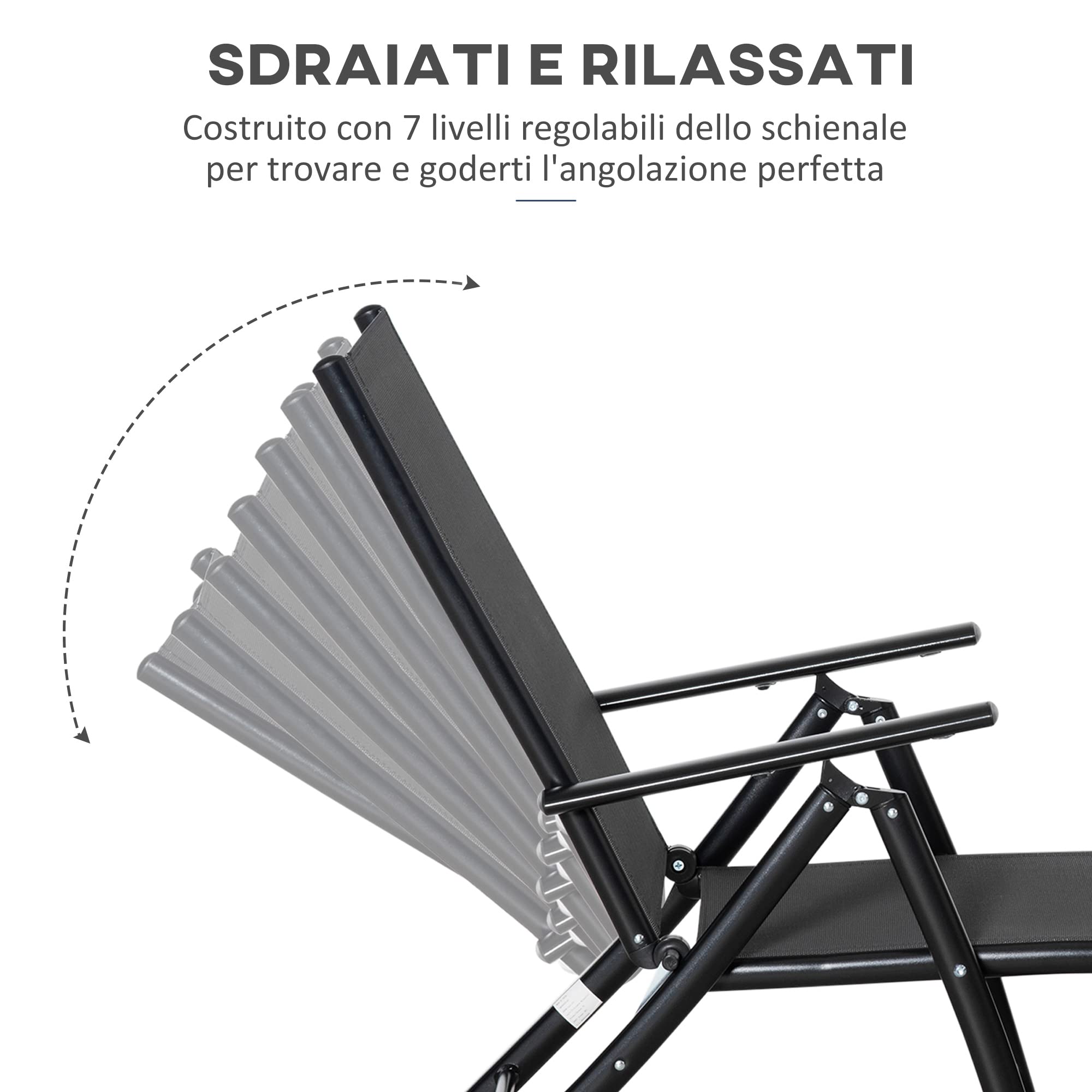 Outsunny Set 2 Sedie Sdraio da Giardino Pieghevoli in 7 Posizioni Nere | Schienale Regolabile, Lettino Prendisole, Sdraio da Spiaggia, Alluminio, Rete Traspirante
