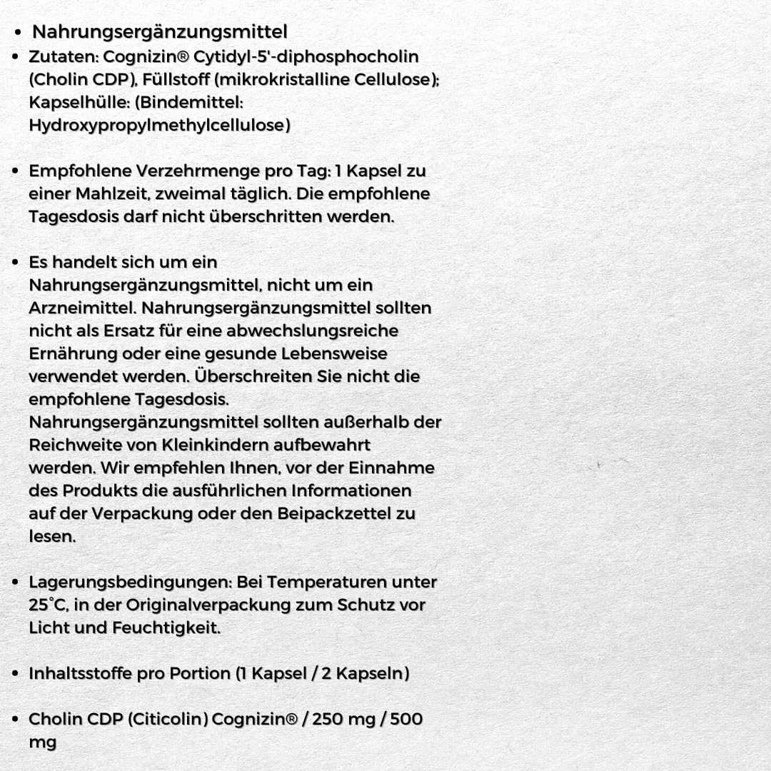 Aliness - NOOTROPICS - CDP Choline -Choline - Cyticoline -Nahrungsergänzungsmittel - 60 kapseln