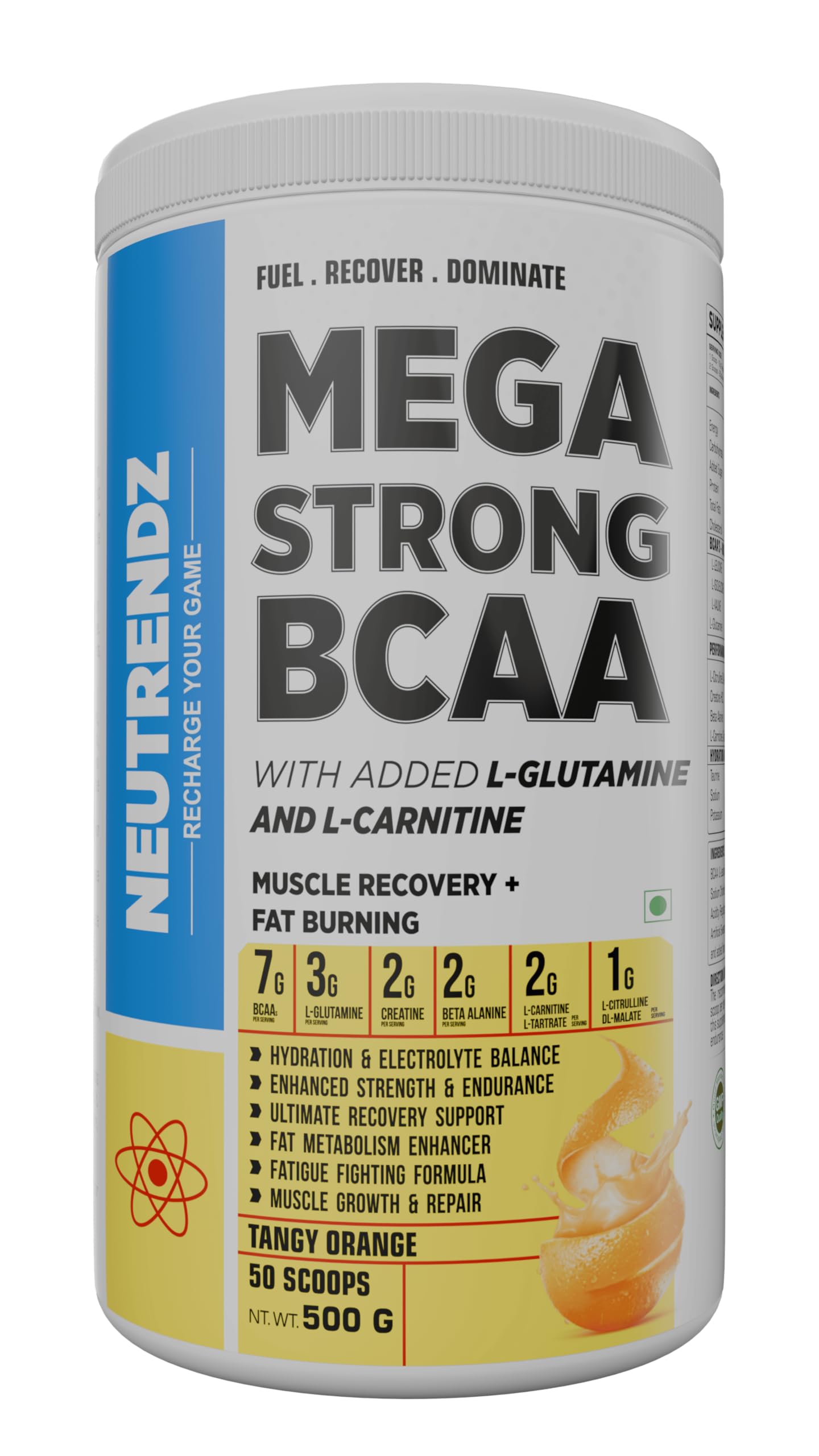 Mega Strong BCAA + Glutamine 7g | BCAAs, 3g Glutamine, Creatine, Beta-Alanine & L-Carnitine | Muscle Recovery, Endurance & Hydration Support | Intra/Post Workout Supplement (500g, Tangy Orange)-image-38
