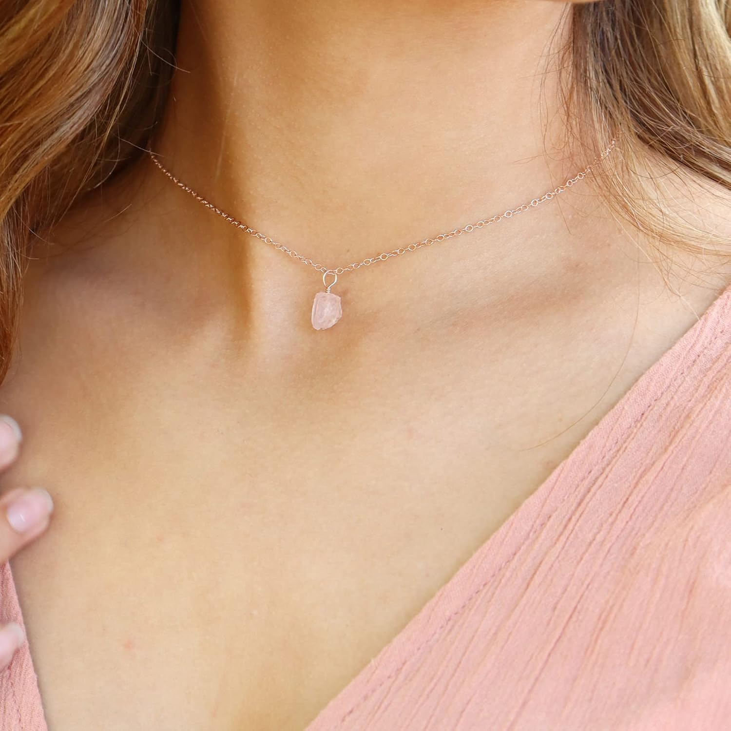 Rose Quartz Raw Crystal Pendant Choker in 14k Rose Gold Fill