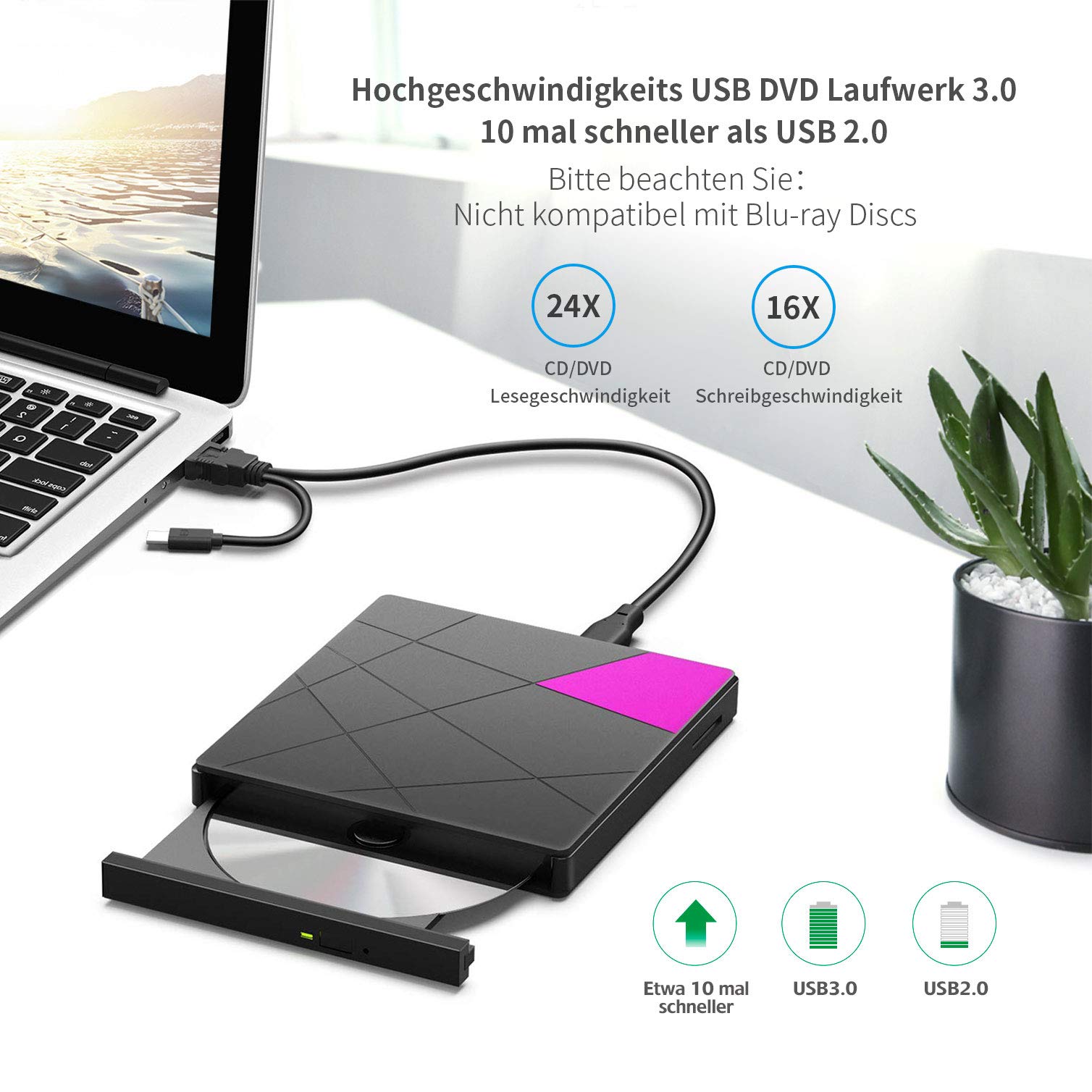 Cocopa - Unidad Externa portátil de CD y DVD, USB 3.0 Slim USB 3.0, grabadora RW, Lector de Tarjetas SD, Gran Transferencia de Datos para Ordenador portátil, Mac, iOS, Windows 10/8/7/XP/Linux