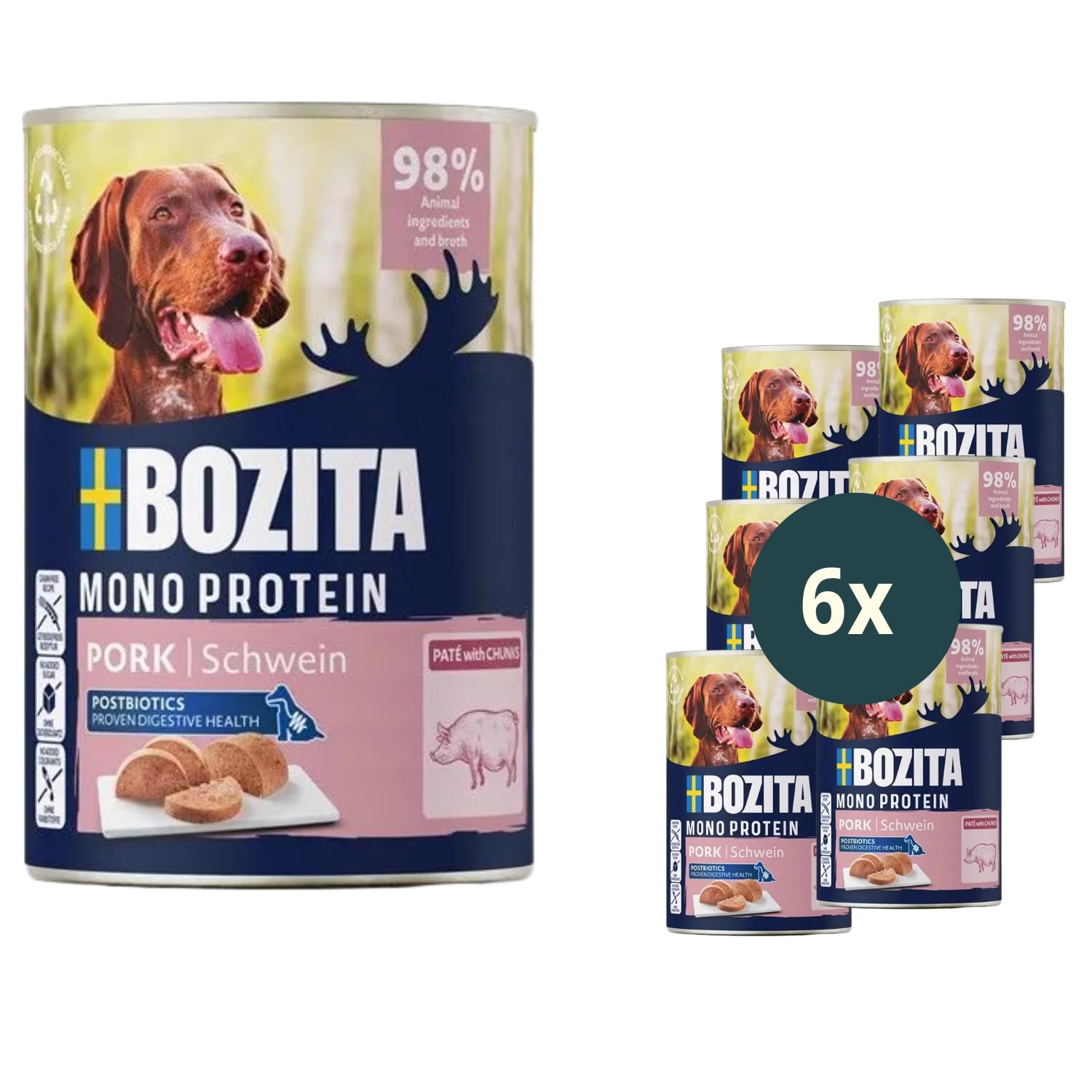 Bozita Dog Paté Cerdo con Postbióticos 6 x 400 g – Comida para Perros con proteína única – Comida húmeda sin Cereales de Sabor Completo en Forma de paté para el Perro