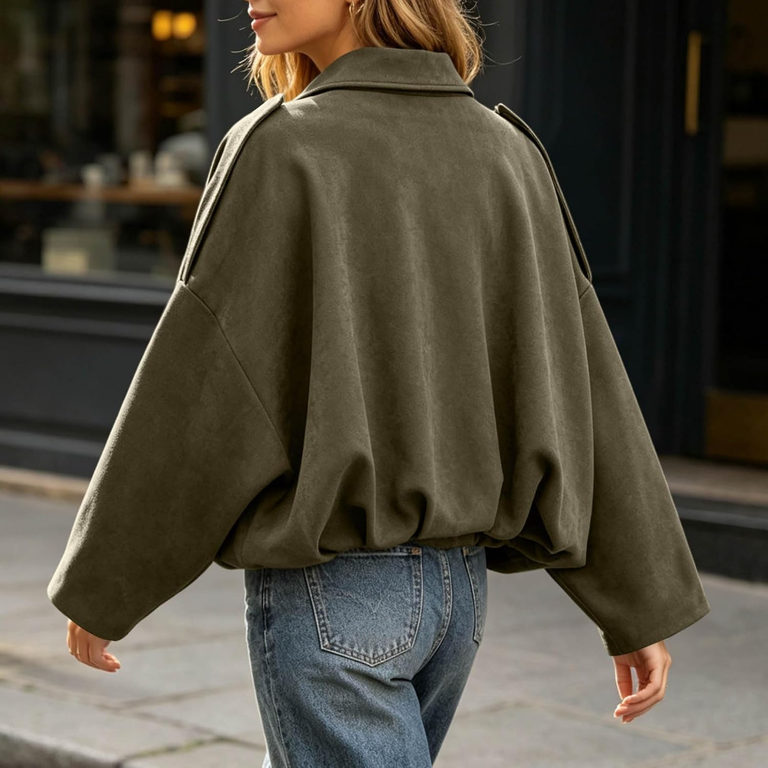 Women's Bomber Jacket Collared Zip Front Casual Batwing Sleeve Coat