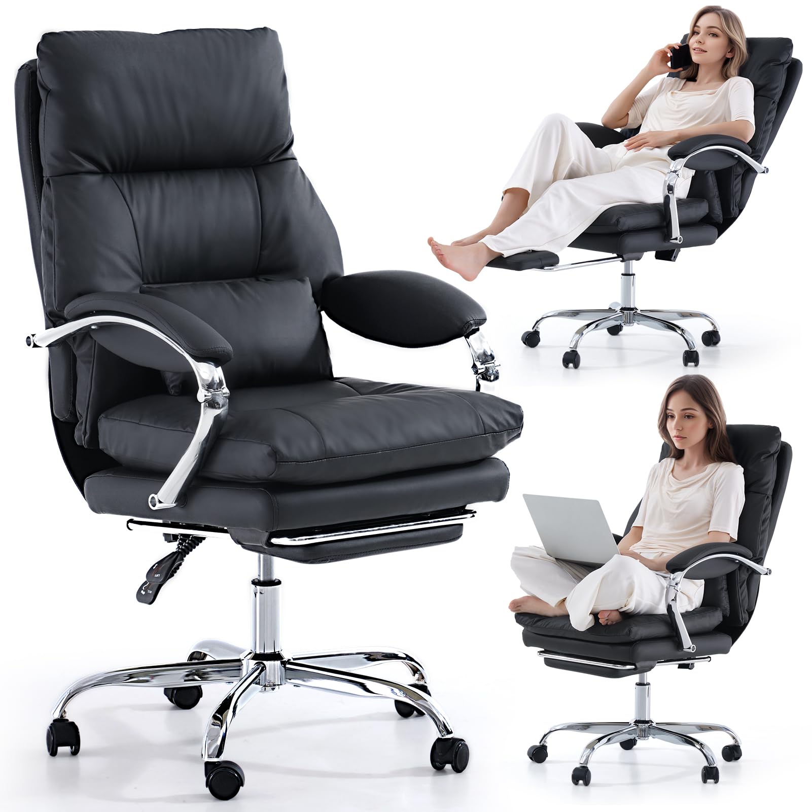 LEAGOO Office Chair with Foot Rest Executive Reclining Office Chairs with Arms Ergonomic High Back PU Leather Comfy