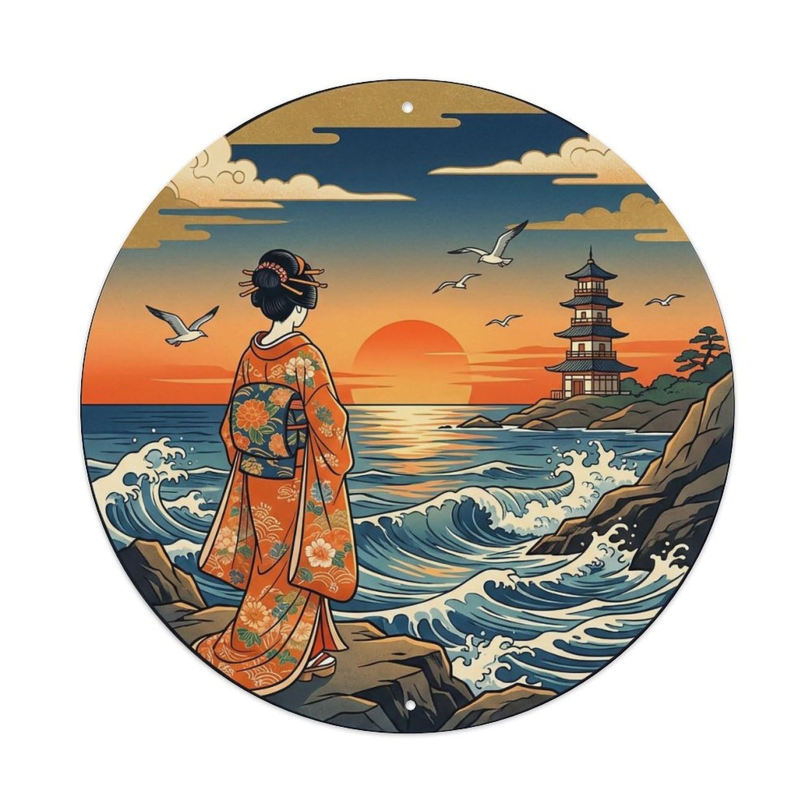 Japanese Elegant Lady Seaside Sunset Nostalgic Ornament Metal Tin Sign