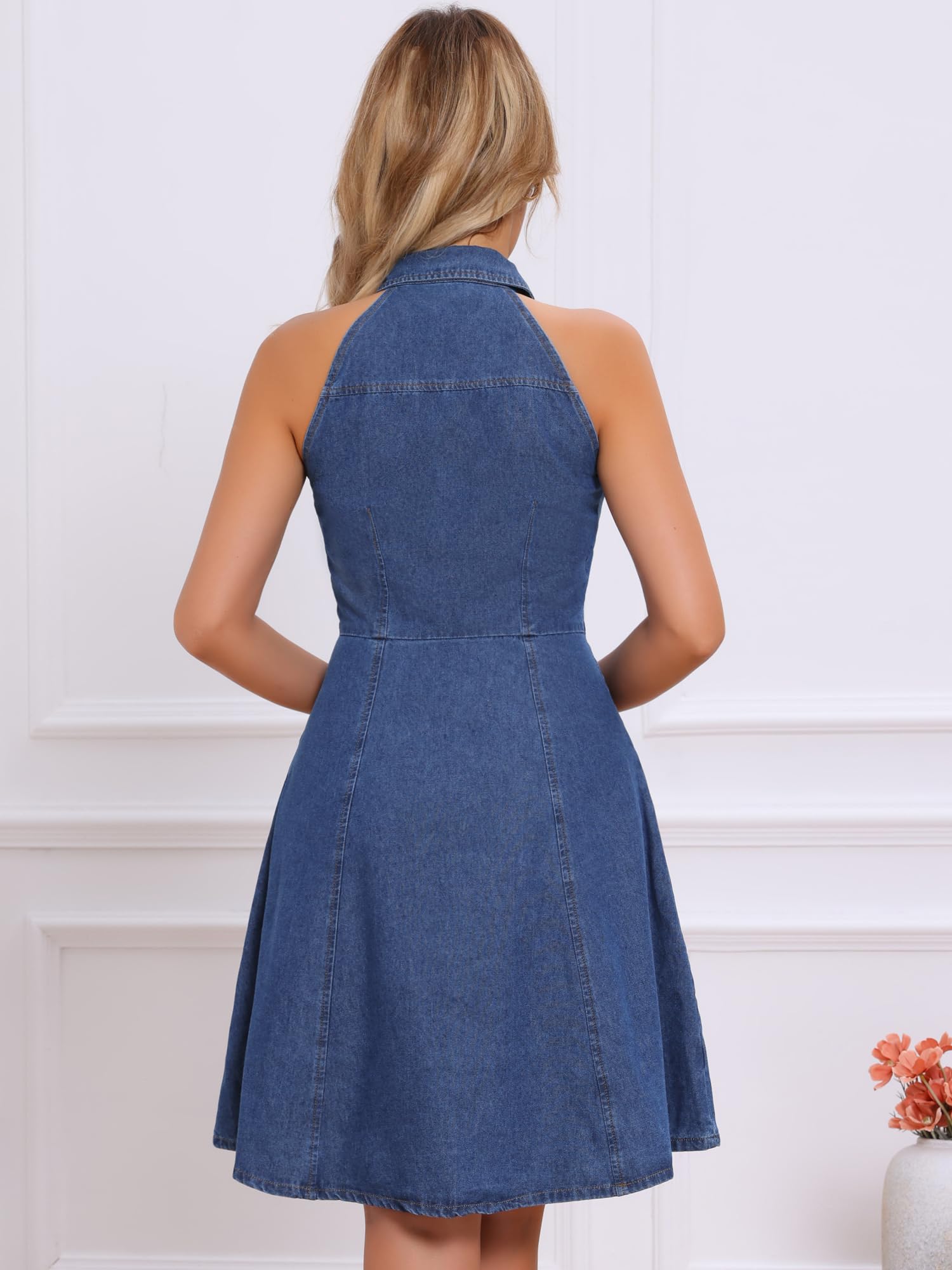 Allegra K Donna Abiti in Denim Jeans Leggeri, Abiti con Scollo all'Americana e Bottoni