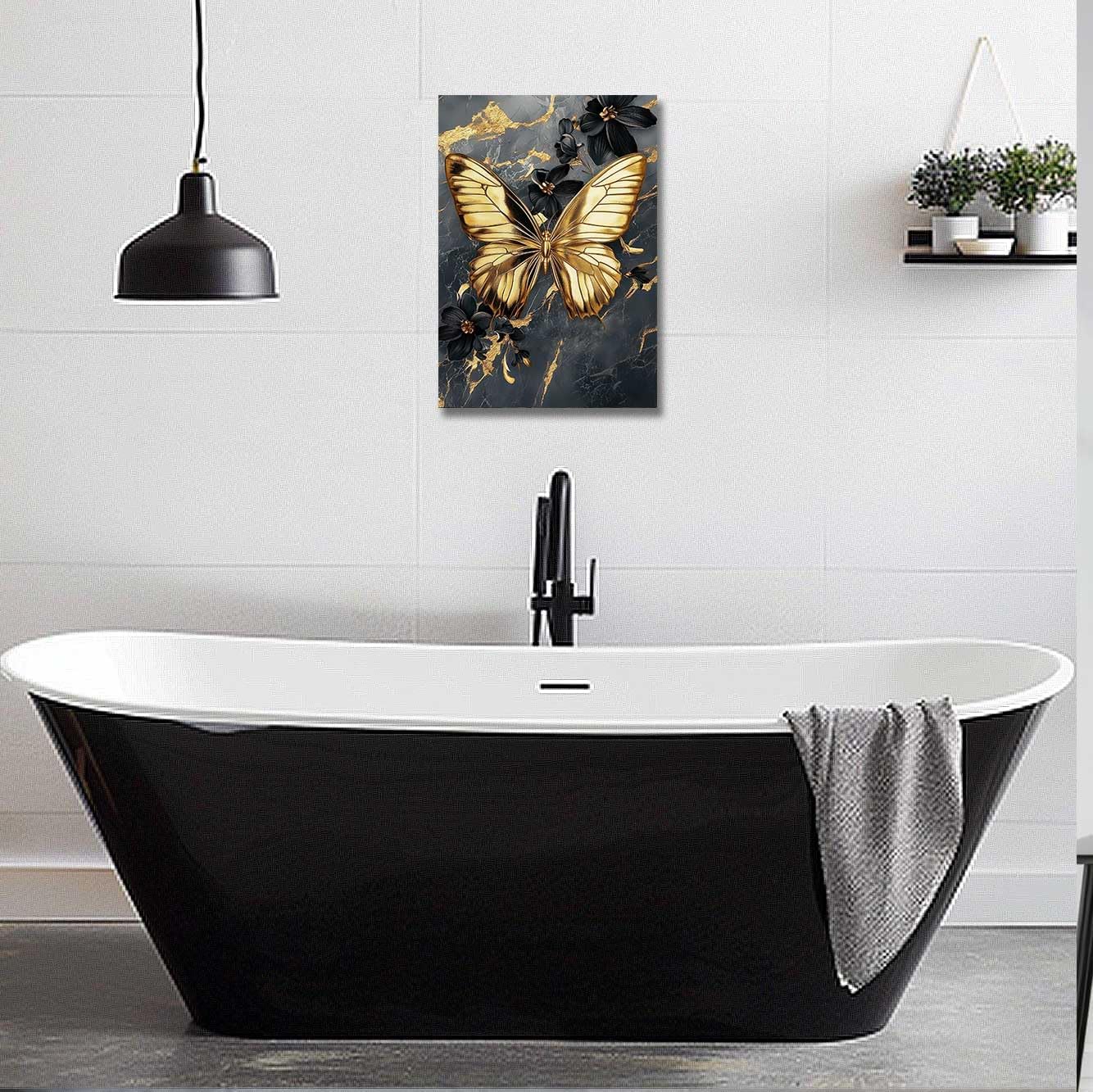 ZSHDEYMTOP Butterfly Wall Art Black and Gold Butterfly Canvas Prints Elegant Gold Butterflies Picture Modern Marble Texture Poster for Bathroom Bedroom Decor Framed (Gold, (18L x 12W))