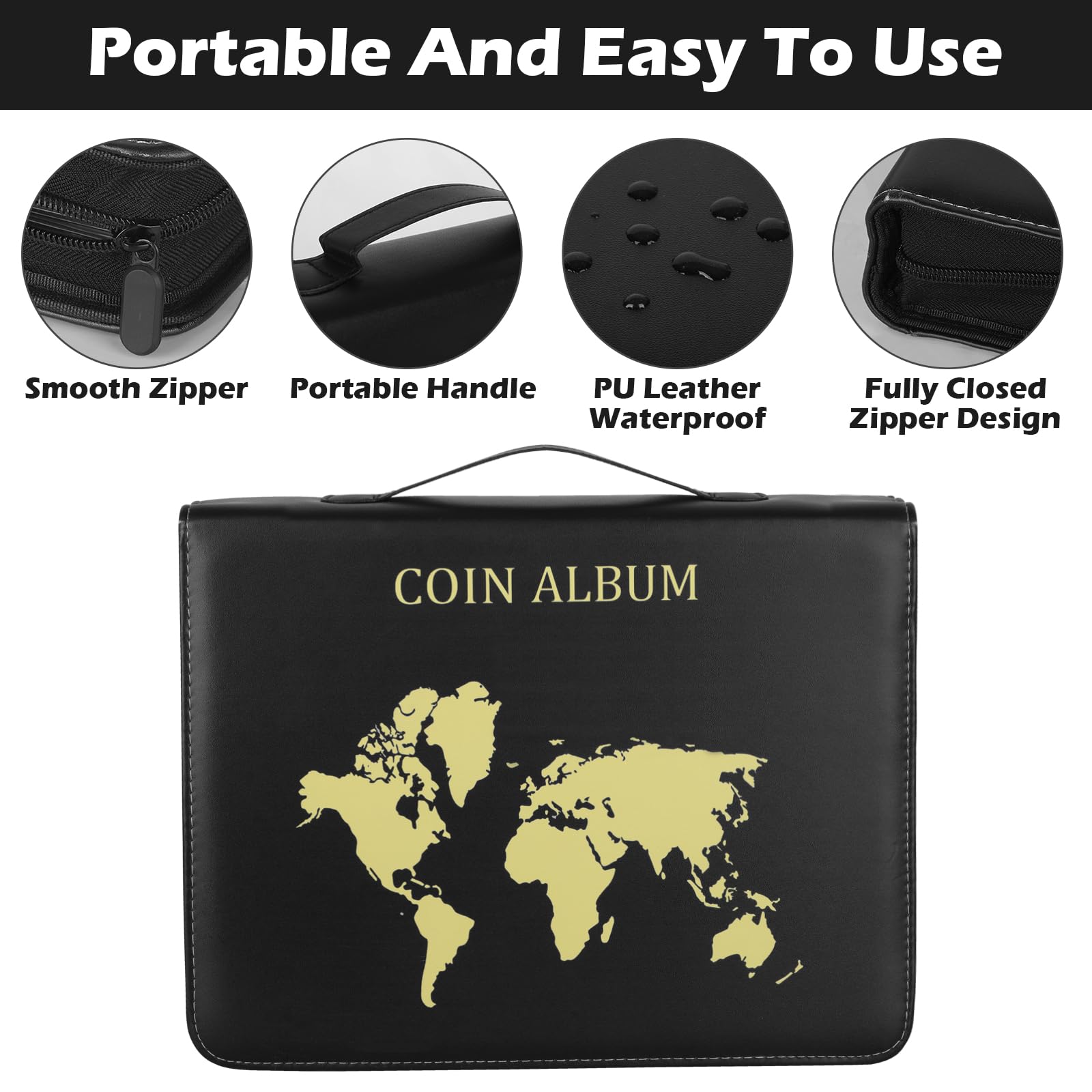 15 PagineTasche Raccoglitore Monete, 35x35mm/45X45mm 400 Porta Monete da Collezione+15 Tasche per Banconote, Raccoglitore da Collezione con Cerniera, Album Portamonete per Euro, Sterlina, Pence