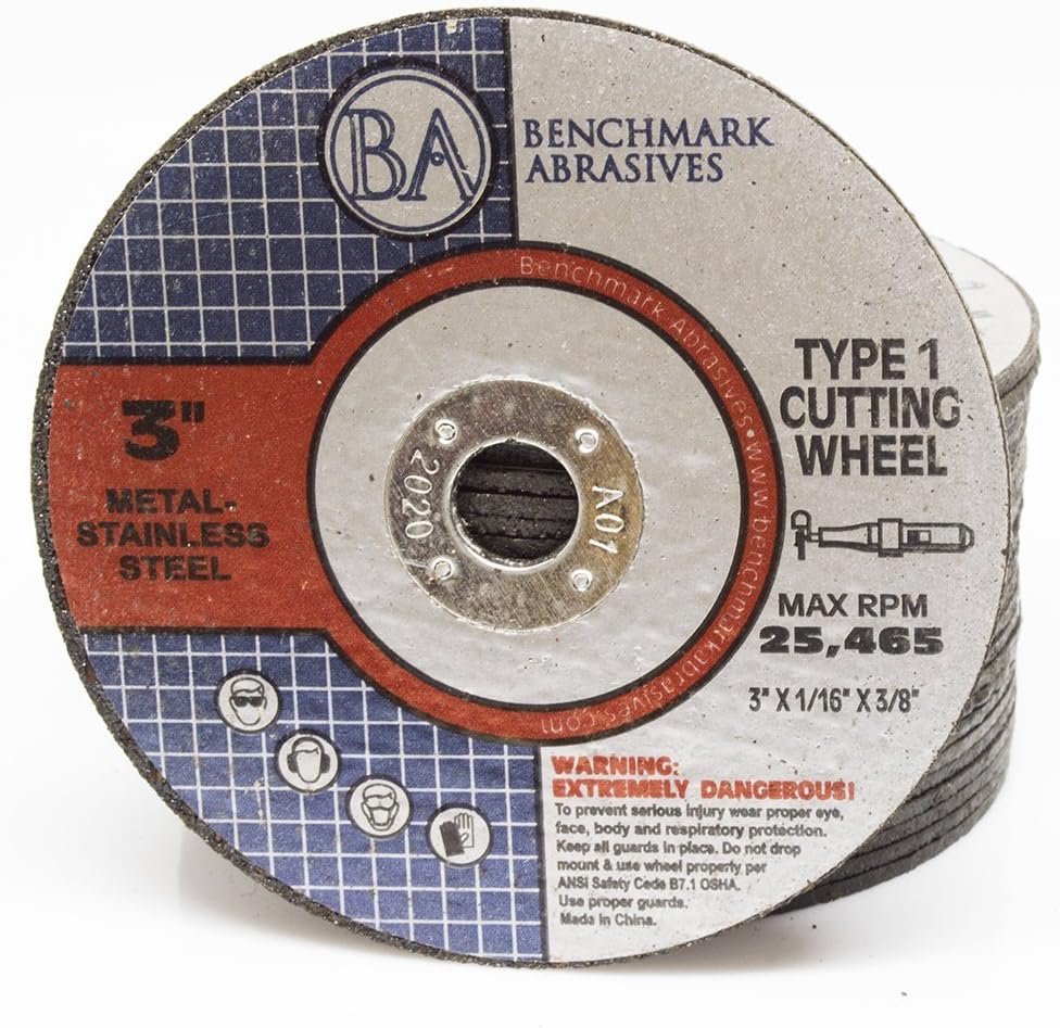 Benchmark Abrasives 3 Inch Aluminum Oxide Thin Type 1 Grinder Cut Off Wheels, 1/16" Thick 3/8" Arbor for Metal and Stainless Steel Die Grinder Cutting Disc, Grinding Cutting Wheel - 25 Pack
