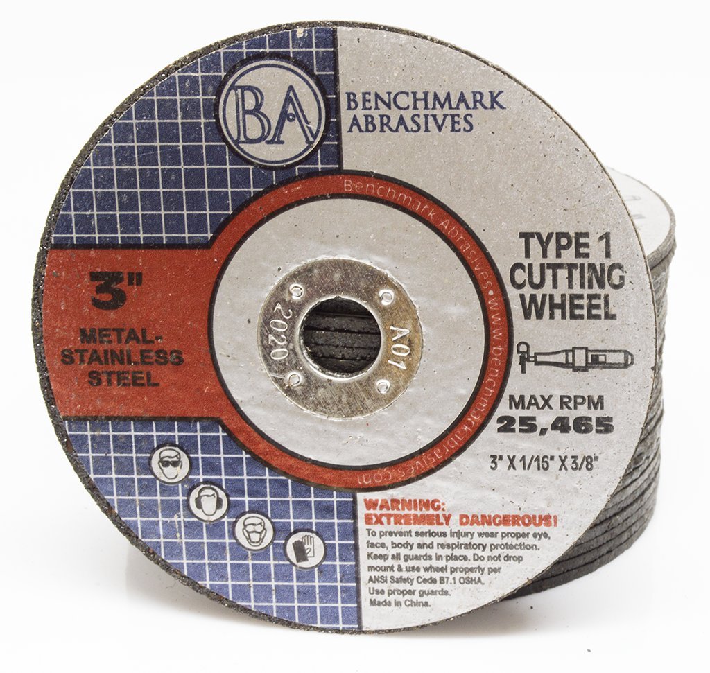 Benchmark Abrasives 3" Type 1 Aluminum Oxide Thin Cut Off Wheel, 1/16" Thick 3/8" Arbor, Metal Cutting Grinding Wheel for Stainless Steel, Cast Iron, Titanium, Die Grinder Discs - 1000 Pack