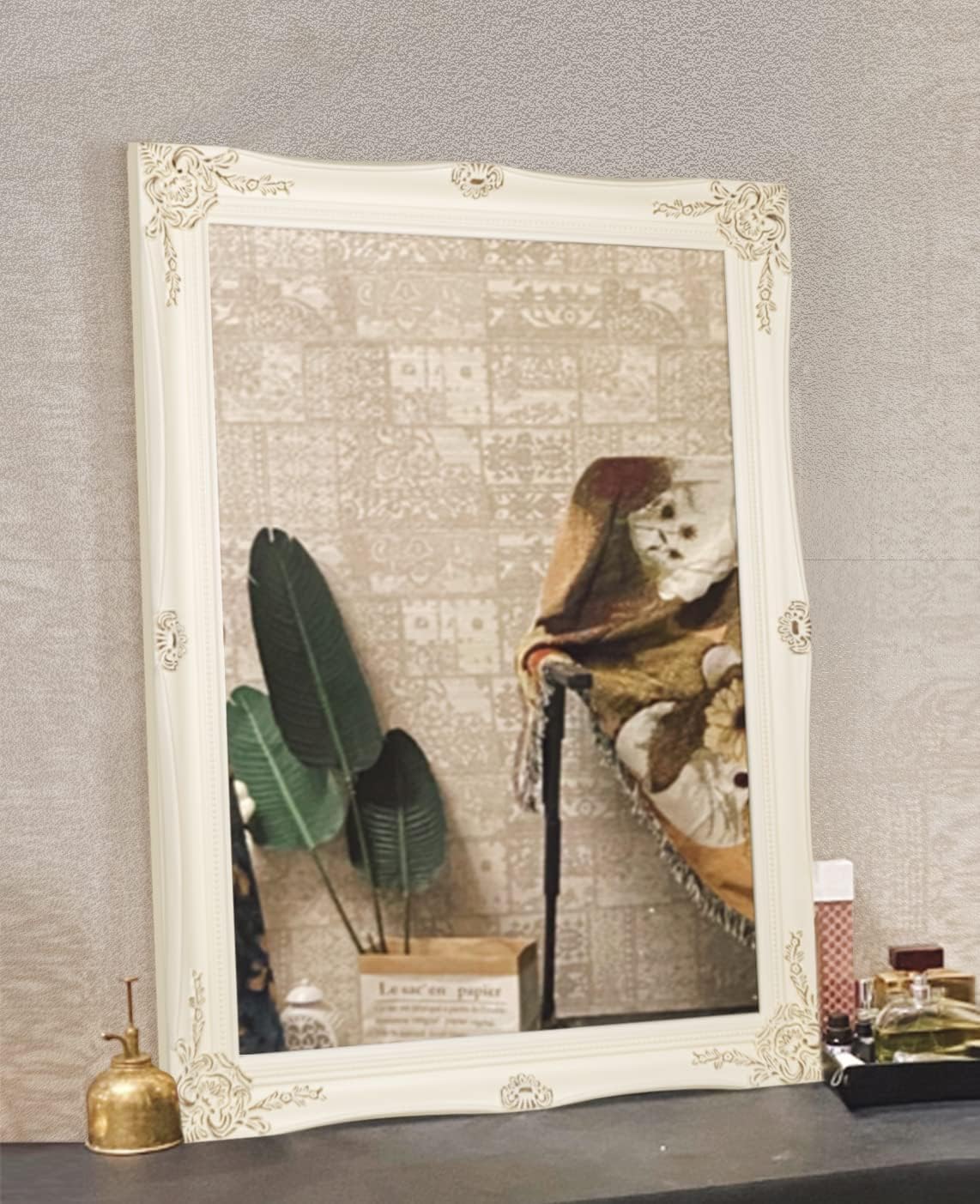 H-A Vintage Decorative Wall Mirror, Antique Ornate Gold Finish Bathroom Mirror with Solid Wood Frame Ivory