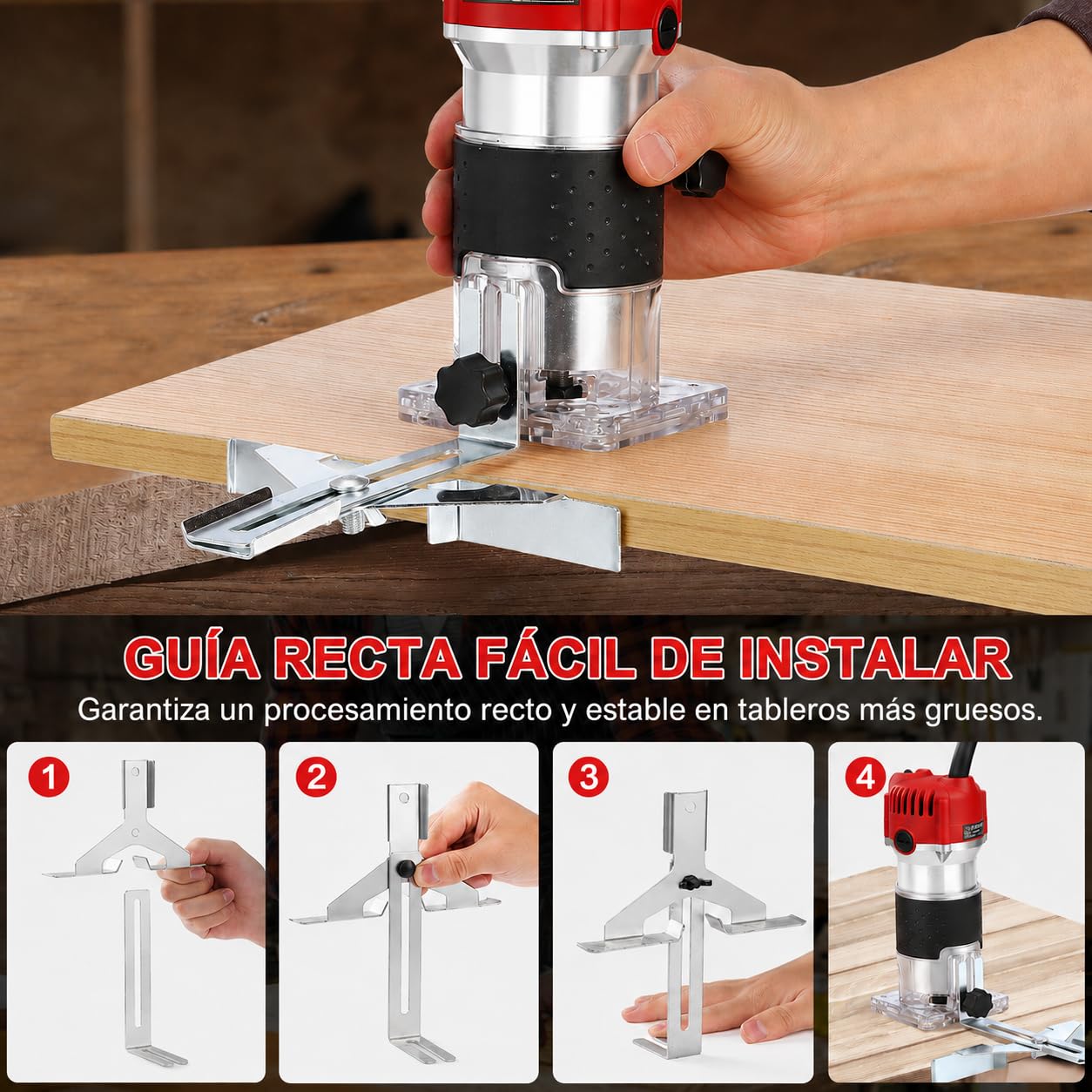 Fresadora Para Madera Compacta, 800W 30000RPM Fresadora De Mano Portátil, 6,35 mm Rebajadora Eléctrica con Guía Lateral y Guía Recta, para Ranuras, Cantos y Perfiles