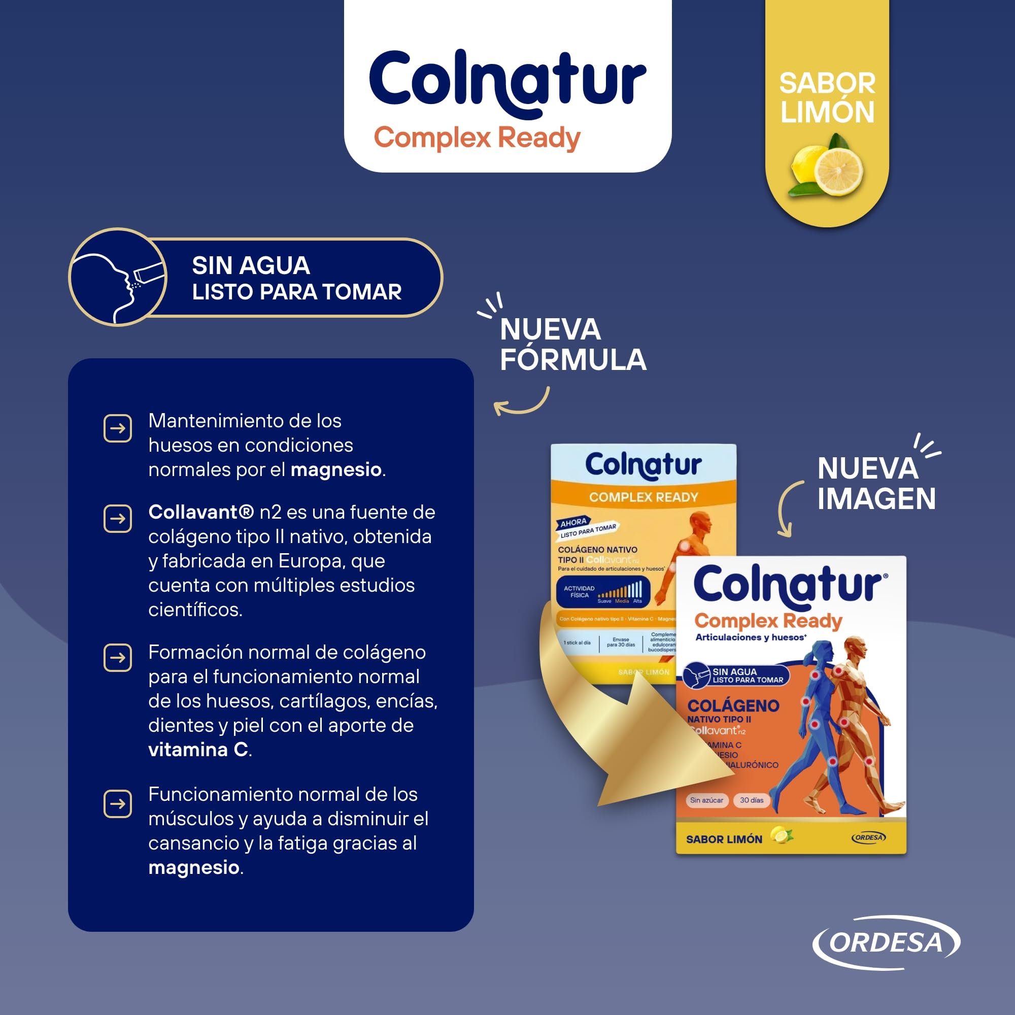 Colnatur Complex Ready Sabor Limón| 30 Sticks Monodosis | Colágeno con Magnesio, Ácido Hialurónico y Vitamina C Listo Para Tomar | Envase para 30 días