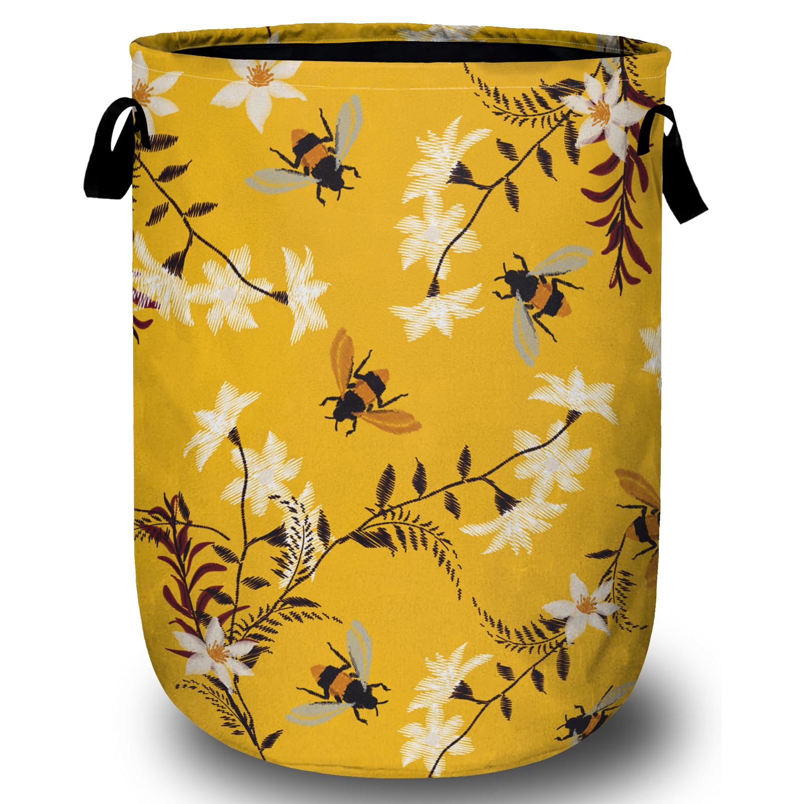 Bee Flower Laundry Basket, Spring Floral Laundry Hamper Collapsible Oxford Cloth with Handle Clothes Storage Bin for Bathroom Laundry Room Bedroom 15.7 X 20 Inch