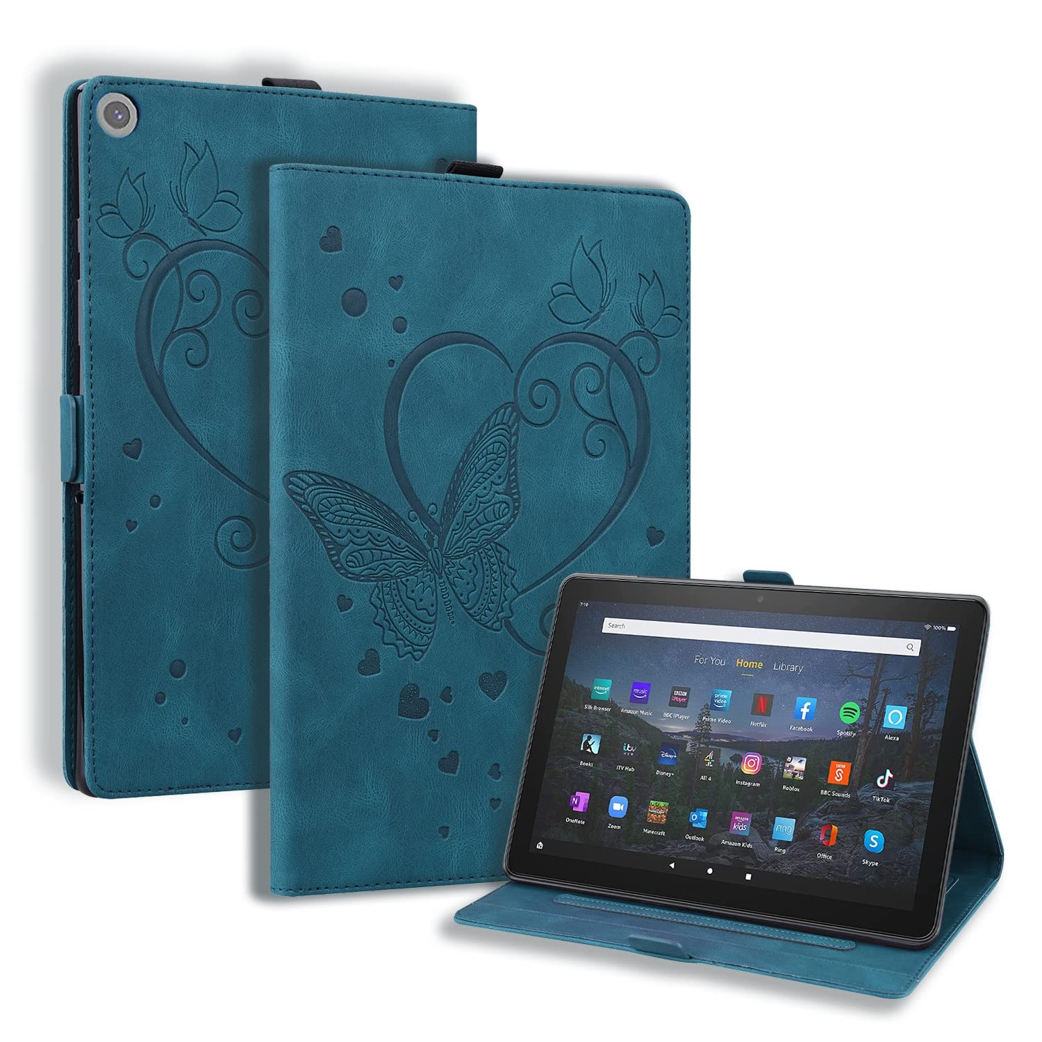 Podróż na tablecie Dla Kindle Fire HD 8. Tablet 2018/2017/2016 Case / 7. 6. Motyl wytłoczony stojak składany pokrywa ochronna Pu Skórzana klapka Slot PC. Sprawa(Blu)