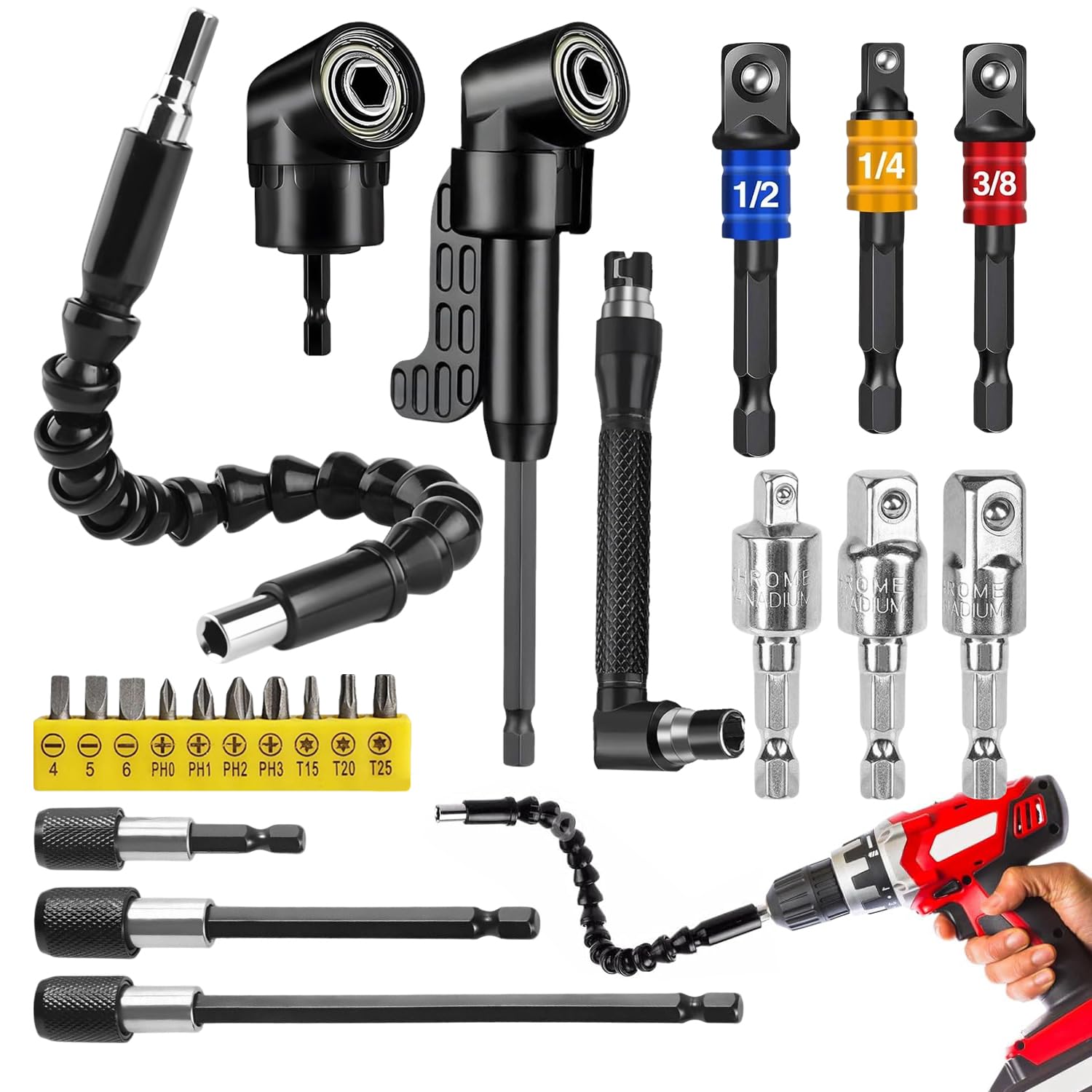 23 Pièces Kit de Renvoi d'Angle Visseuse avec Embout Visseuse et Renvoi d'Angle Clé Prolongateur et Autres Accessoires Idéal pour Réparation Bricolage et Rénovation Maison