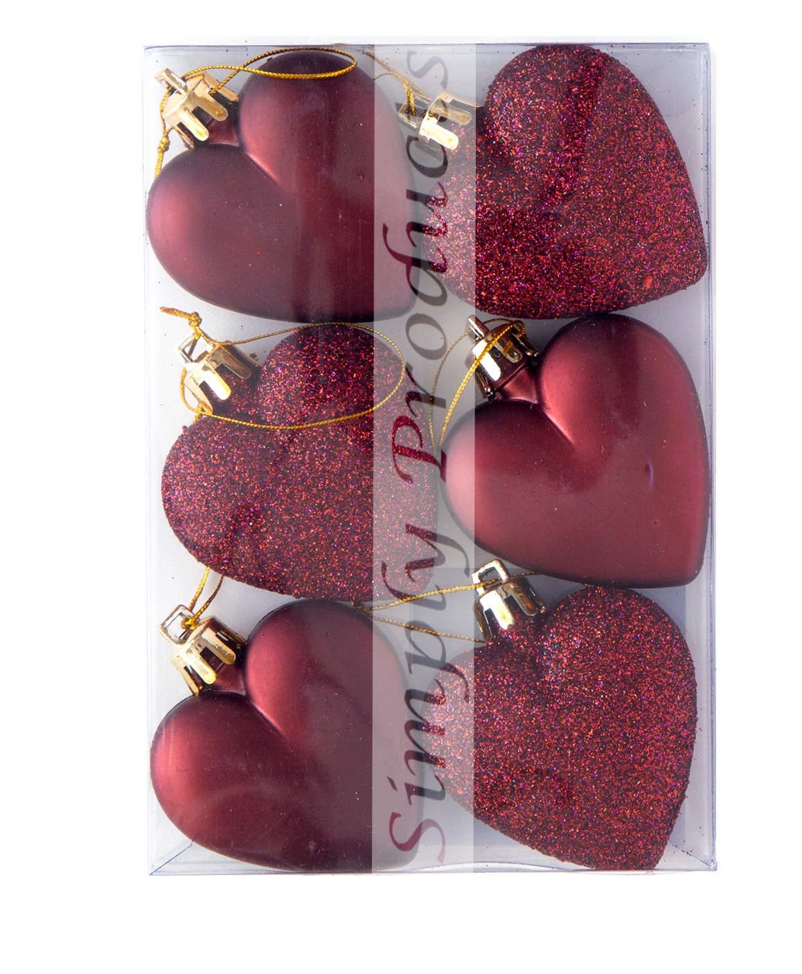 Simply Products Wine 6 Heart Baubles - Great Christmas Tree Decorations, Matte & Glitter Heart Baubles (Wine)