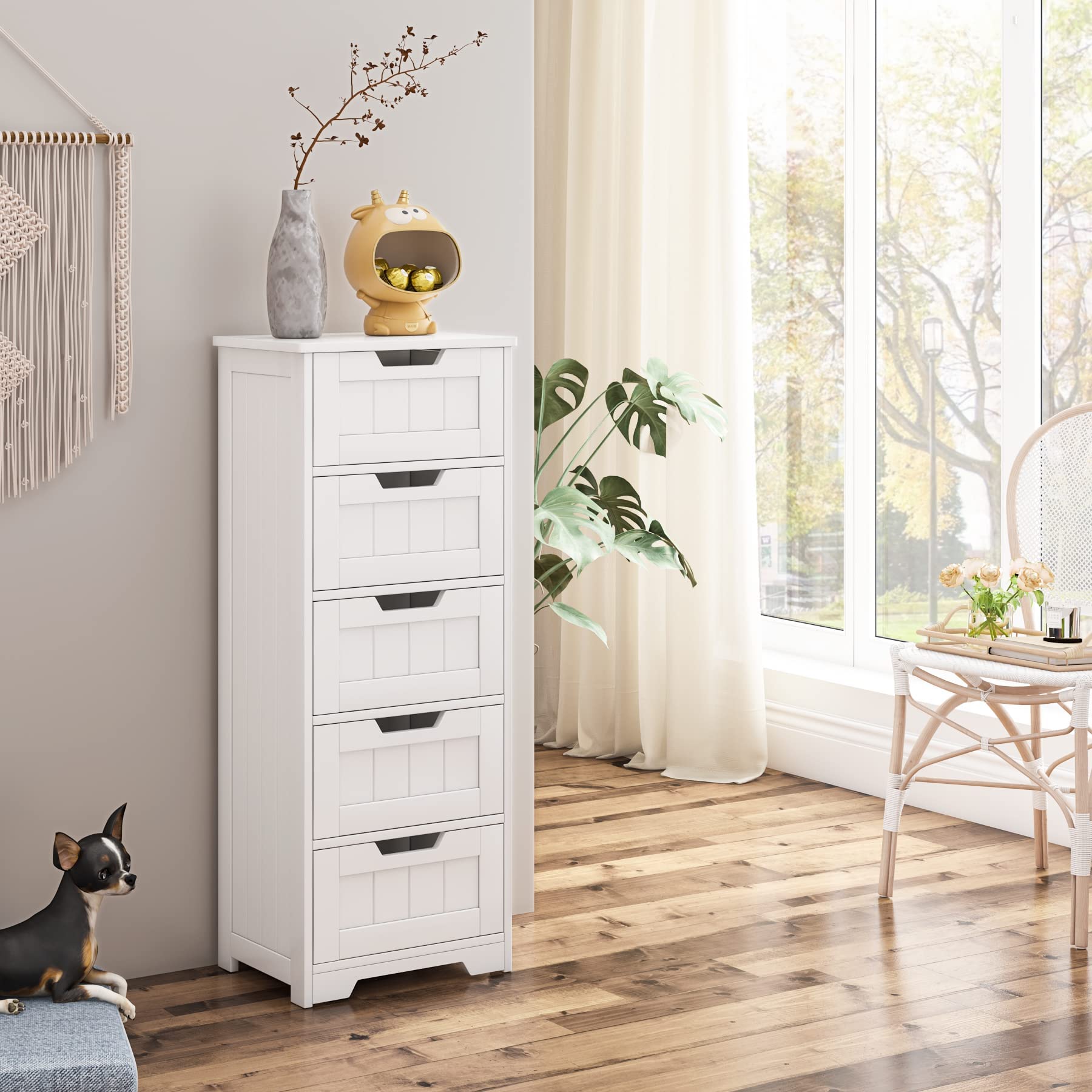 FOREHILL Mobile Bagno con 5 Cassetti,Cassettiera bagno in Legno,Armadietto Autoportante per Soggiorno, Cucina, Corridoio, Bagno 40x30x102cm Bianco