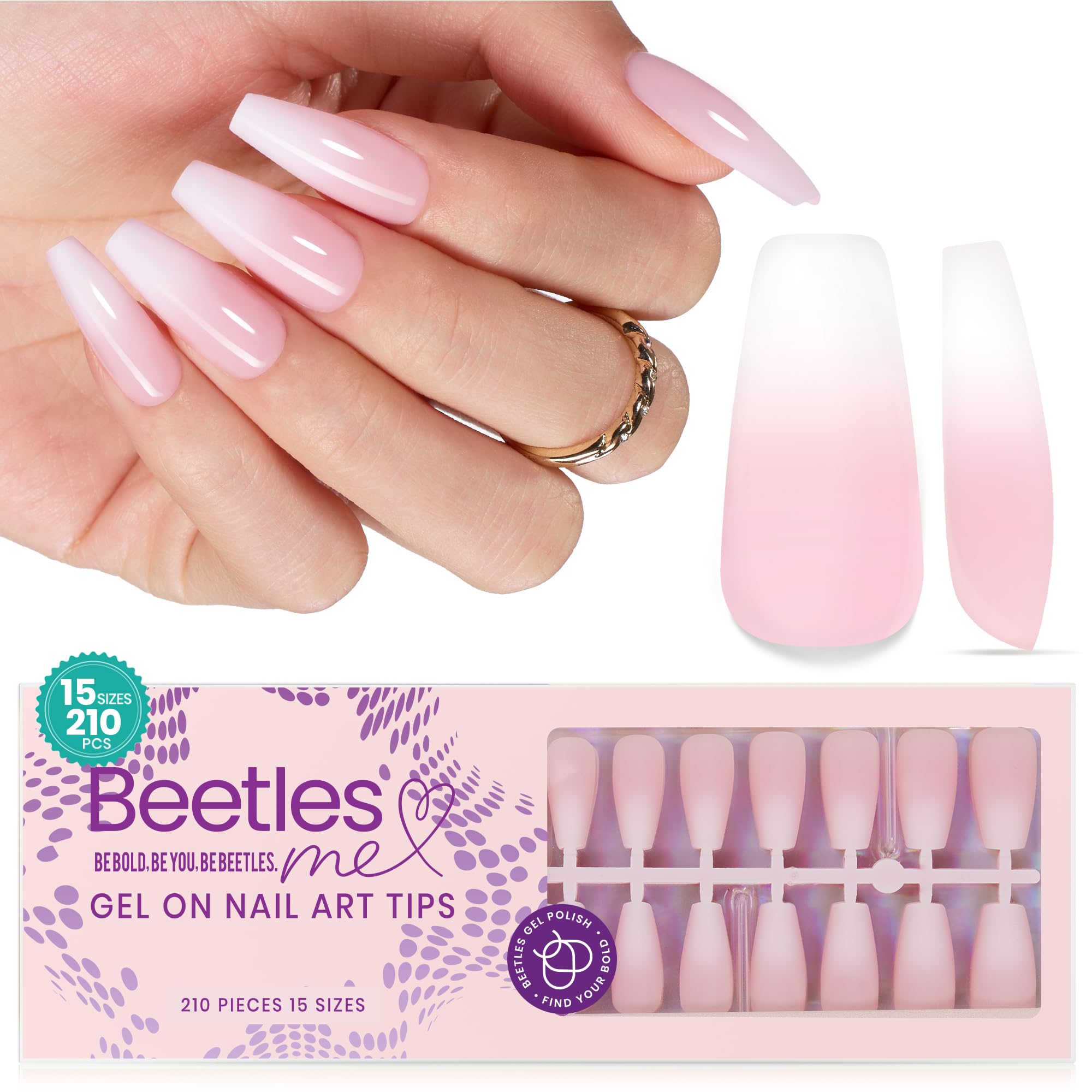 Beetles X Press Plus Ombre Nails Tip - Lace Fade | Pink Medium Coffin Press On Nails | 15 Sizes 210 Pcs Natural Salon Quality Gel Nail Tips