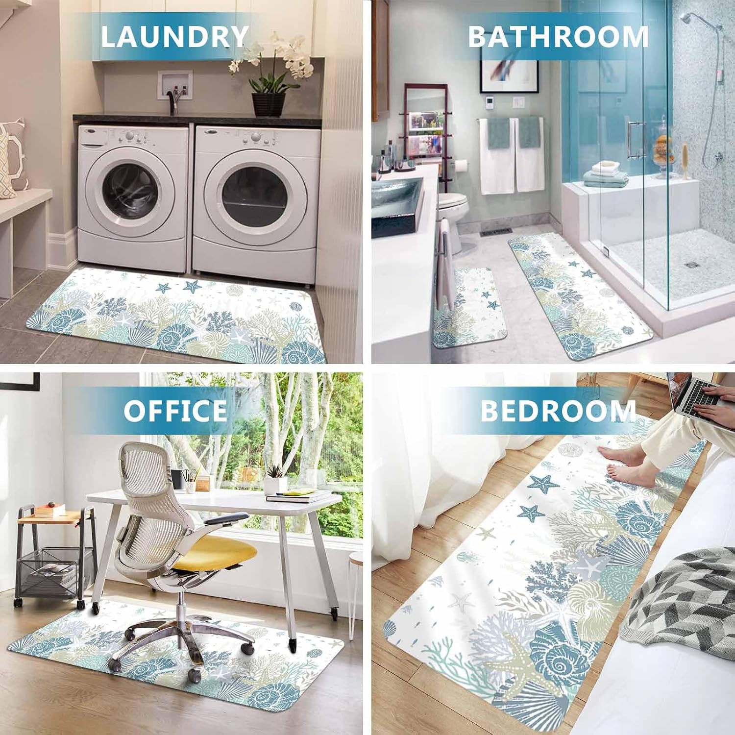 Summer Marine Life Kitchen Mats Set of 2 Watercolor Sea Fish Ocean Starfish Conch Non Slip Mat Washable Floor Rug for Kitchen Sink Floor Laundry, 20"x24"+20"x48"