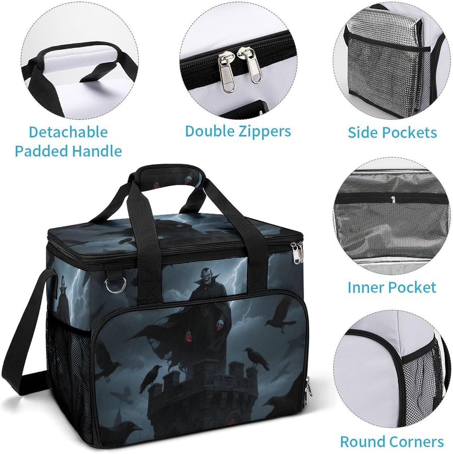 Insulated Picnic Backpack Tote Bag, Large Capacity 30L Black Light Art Halloween Cooler Bag Leakproof Beach Bags Portable Lunch Box Waterproof Picnic Basket for Beach Camping BBQ