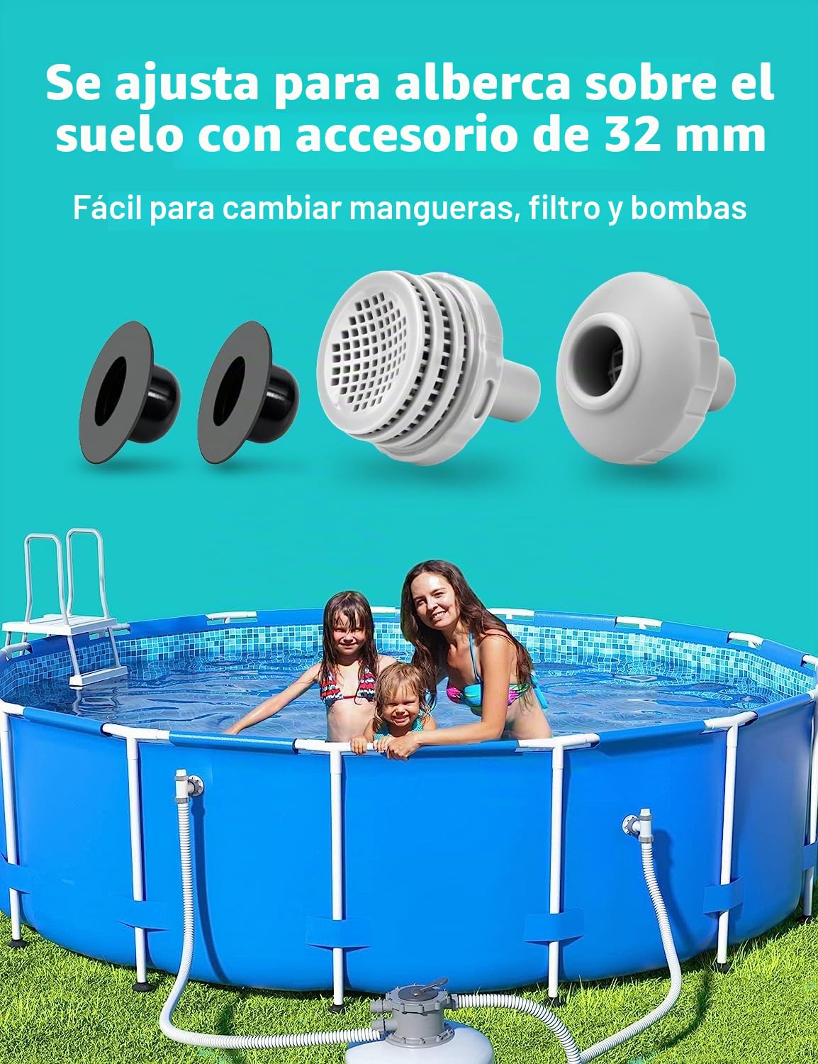Pipihome Juego de conexión para piscina de 32 mm, boquilla de entrada para piscina, filtro de piscina, accesorios con rosca interior para atornillar, compatible con revitalización del agua (gris)