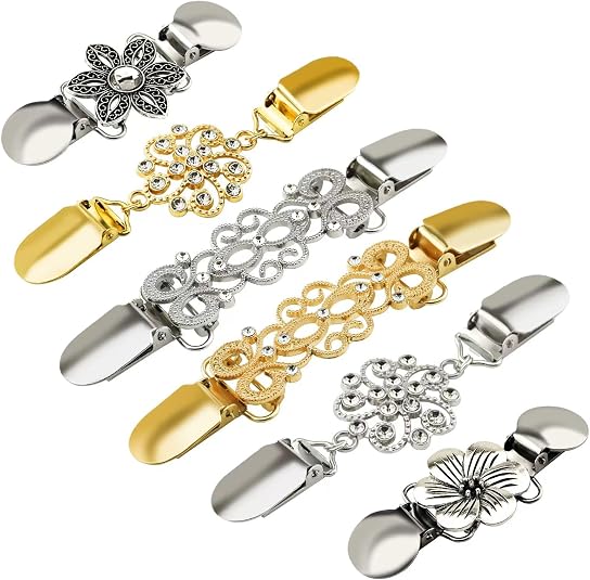 6PCS Retro Sweater Clips for Cardigans, Vintage Cinch Clip for Dresses, Variety of Styles Dress Clip Back of Shirts Cinches Shawl Clips for Different Women Clothing, 3 Sizes