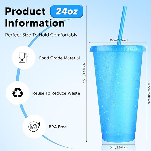 Vista 69 de Paquete de 24 vasos de plástico con tapas y popote, vasos reutilizables con tapas y pajillas, vasos coloridos para bebidas frías, café helado, vasos