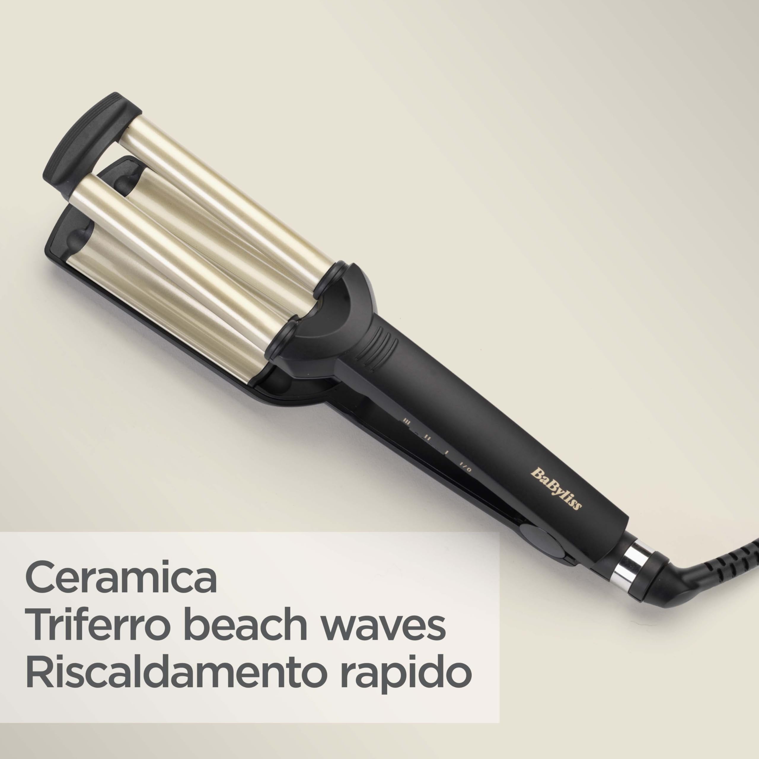 BaByliss Triferro Easy Waves, Beach Waves, Ceramic Titanium, 3 Temperature, Punta termo-resistente, Oro e Nero, C260E