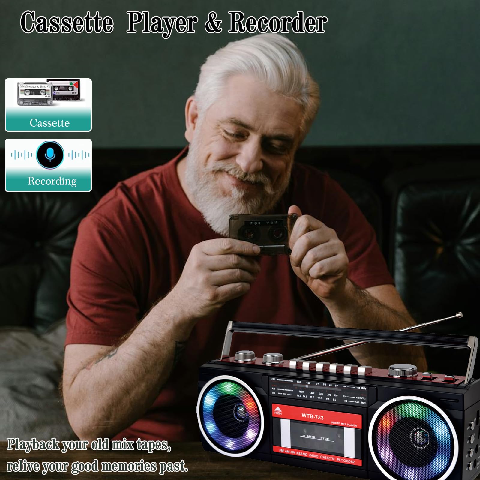 Magnetofon kasetowy w stylu lat 80. z Boombox Bluetooth, radiem AM/FM/SW, nagrywaniem USB, gniazdem słuchawkowym, dźwiękiem stereo, 16 W, zasilacz AC/DC