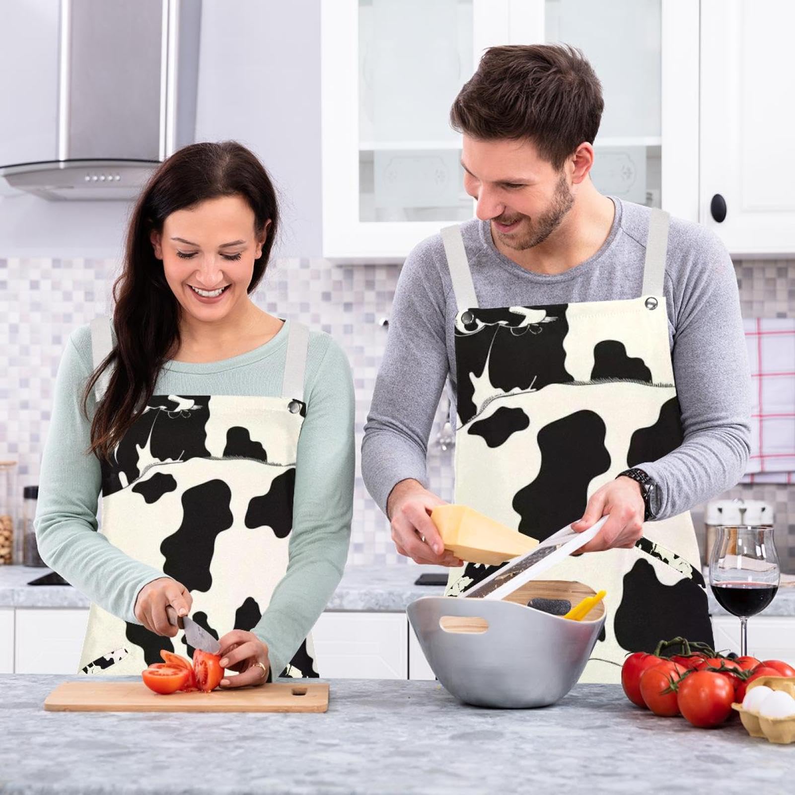 Lot de 2 tabliers de cuisine en lin pour homme et femme avec imprimé fourrure de vache avec 2 poches réglables, Imprimé fourrure de vache, L:26.2x34.6in/66.5x88cm;M:26.2x26.6in/66.5x67.5cm