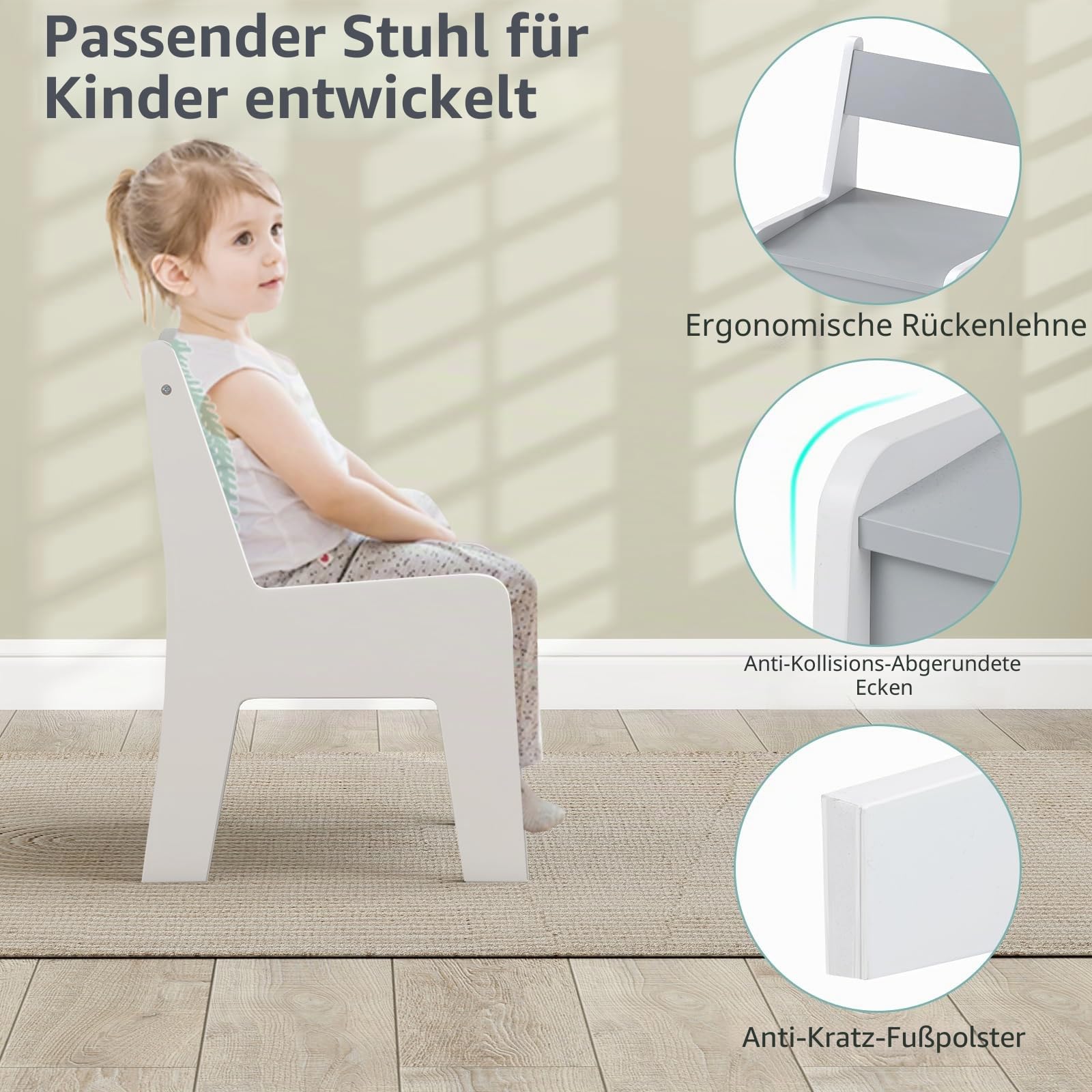 LIFEZEAL Kindertisch mit Stuhl, Abnehmbarer Kinderschreibtisch mit Stauraum, Kindersitzgruppe mit doppelseitiger Tafel, Kinder Tisch Stuhl Set zum Spielen, Lesen, Malen, Essen (Grau + Weiß)