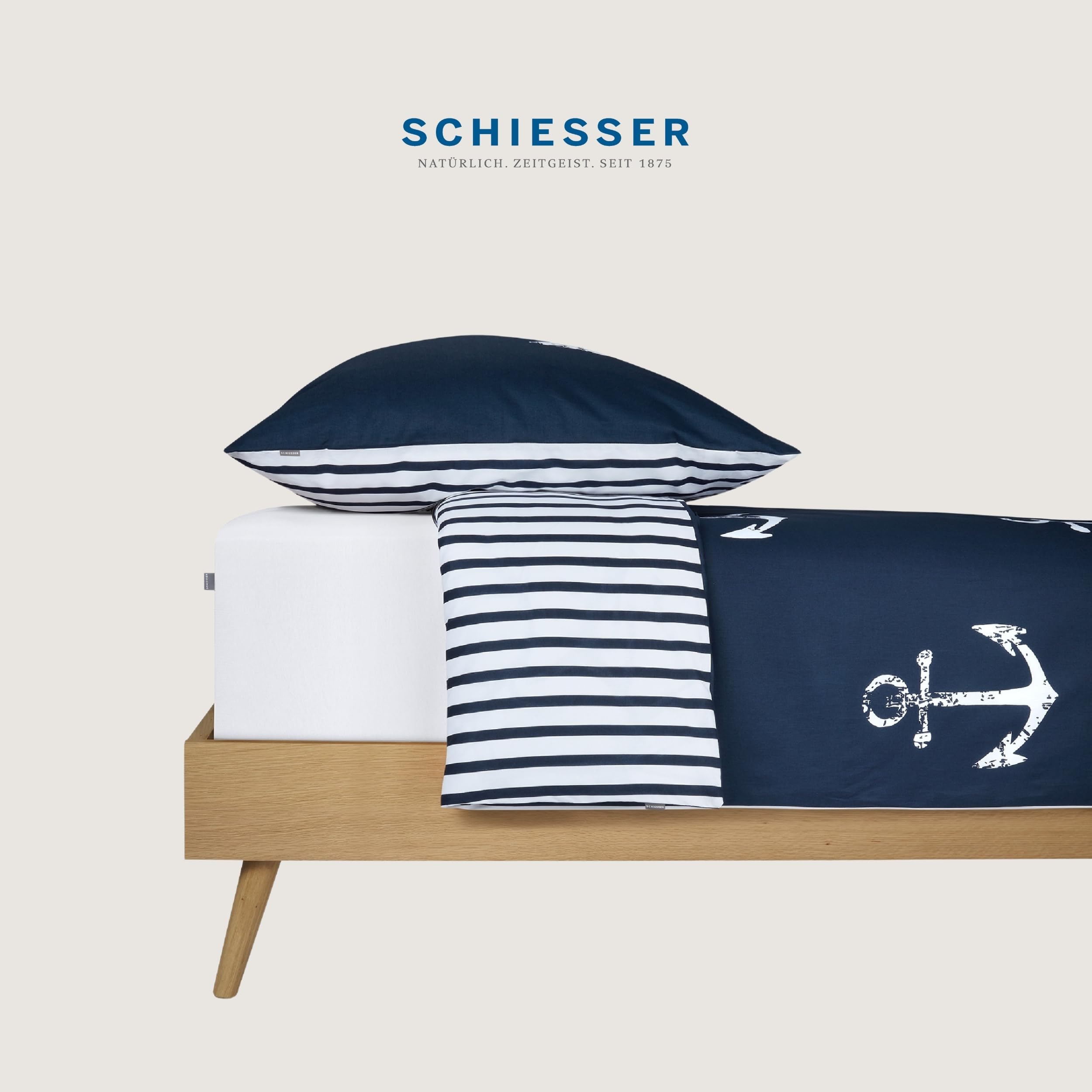 SSchiesser Bettwäscheset Marina | 2-teilig | Maritim | Renforcé | 100% Baumwolle | Oeko-Tex Zertifiziert | Reißverschluss | 155x220cm + 80x80cm | Dunkelblau
