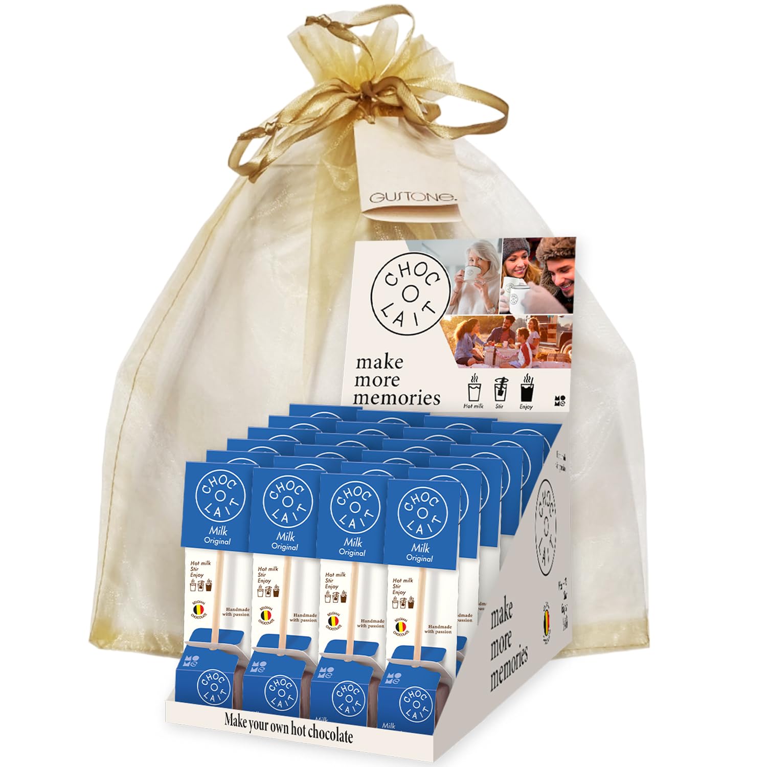 GUSTONE. MoMe Trinkschokolade am Stiel Choc-o-lait Milk (Vollmilch) 24 Stück Display Geschenkset