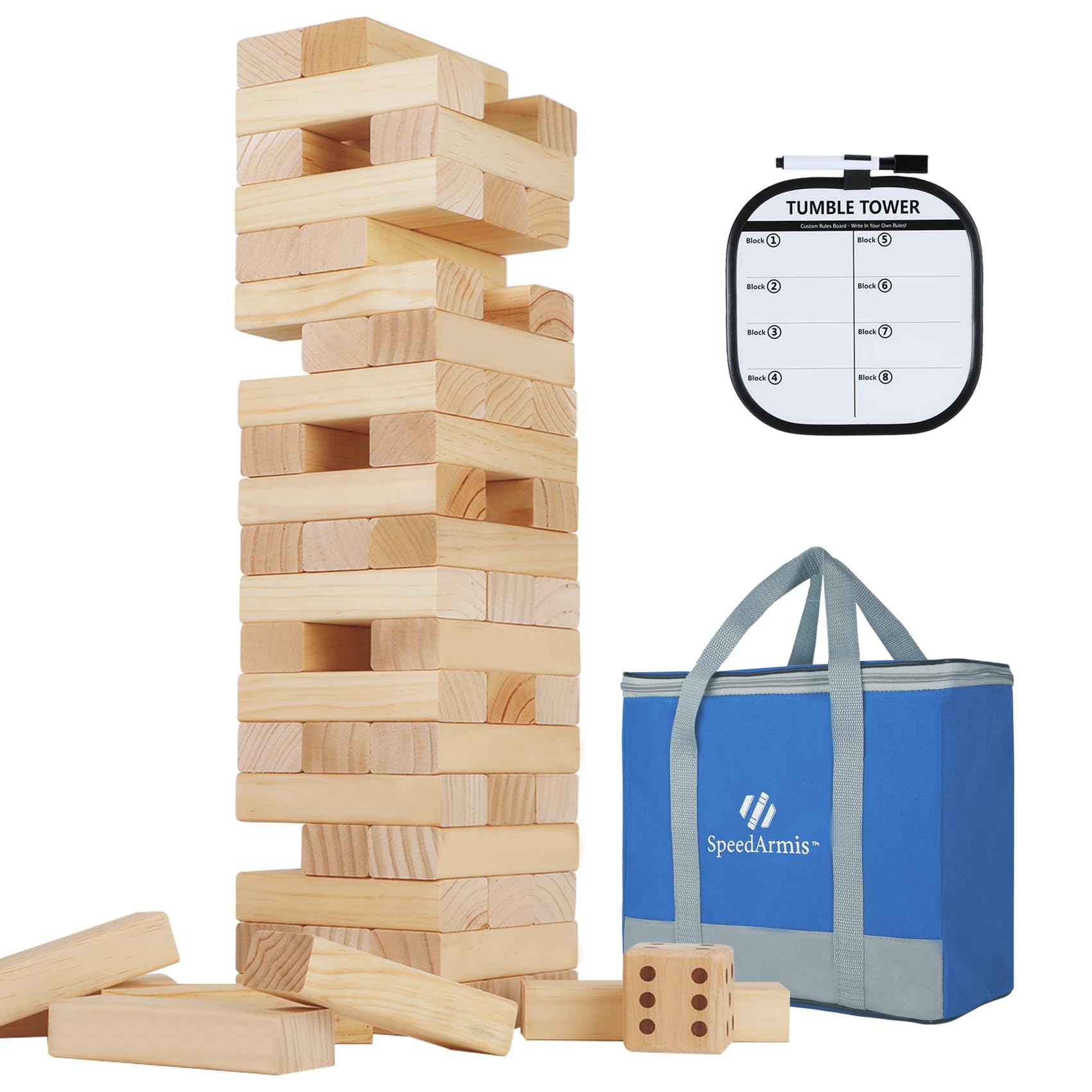 SpeedArmis Giant Tumble Tower, 56 PCS Wooden Stacking Game (Stack to 4.2FT) - Pine Stack Timber Board Play with Carrying Bag - Classic Indoor/Outdoor Games for Adults Family