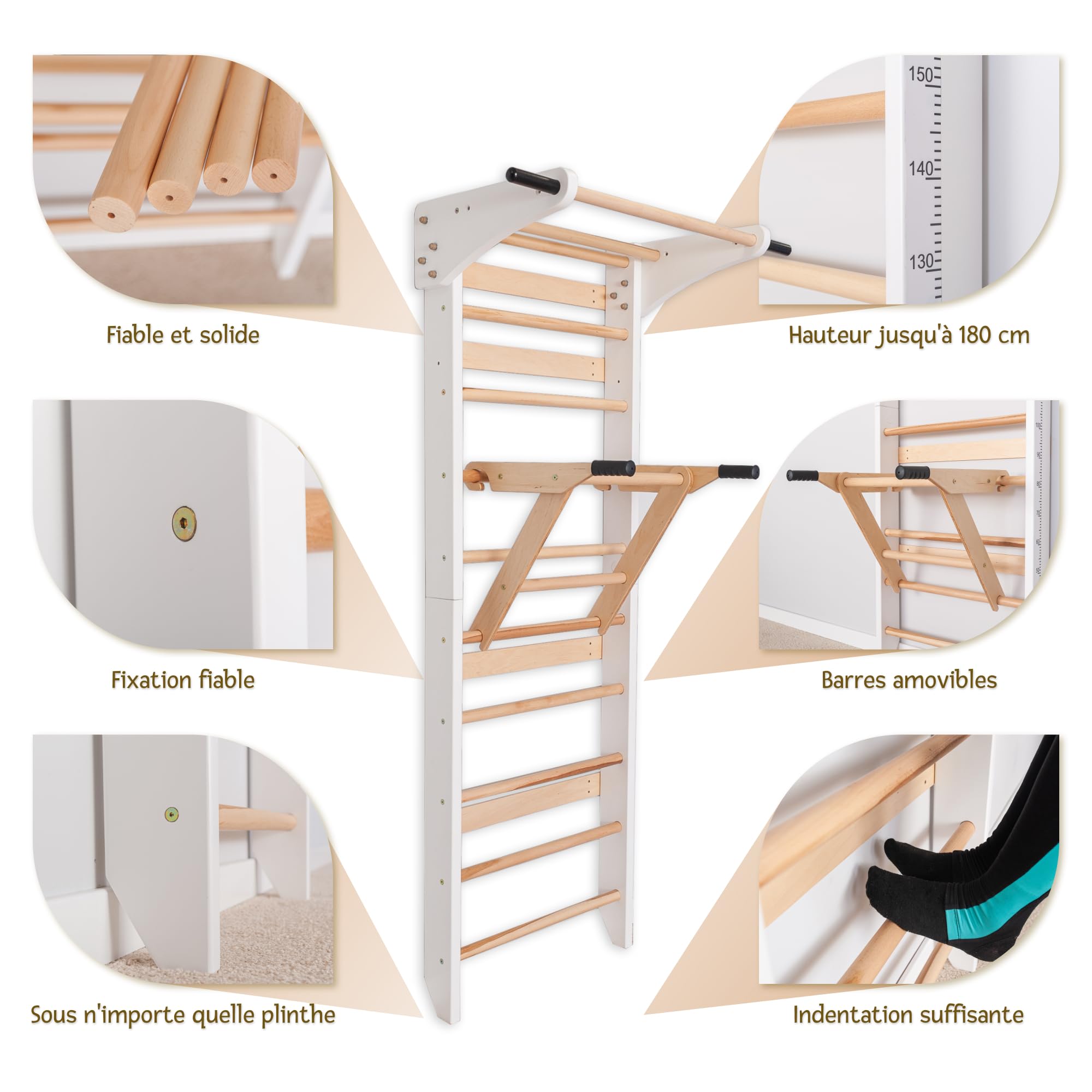 Parete a pioli in legno con barra per trazioni e parallele (pieghevole) - Struttura per arrampicata interna per bambini e adulti - Parete da ginnastica fino a 150 kg, scala da parete per